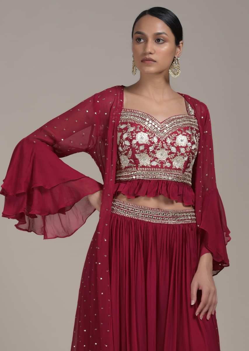 Rani Pink Palazzo Suit In Georgette With Abla And Zari Embroidery And Bell Sleeves Jacket  
