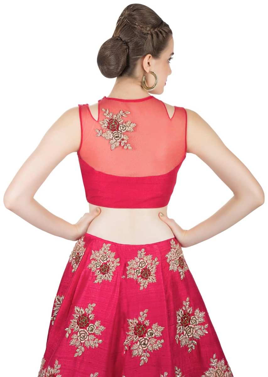 Rani Pink Raw Silk Skirt and Blouse Flaunting Resham and Zardosi Detailing only on Kalki