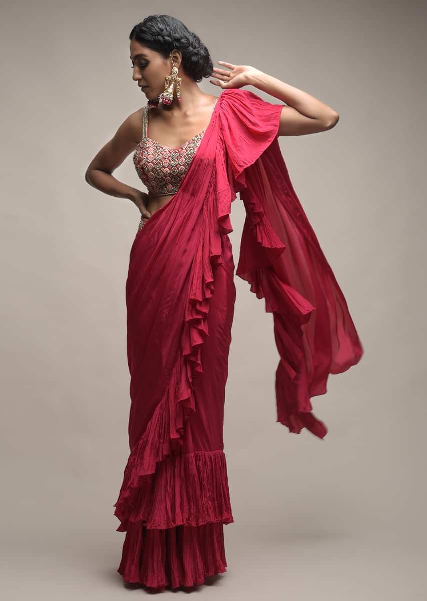 Buy Rani Pink Ready Pleated Ruffle Saree Paired With A Spring ...