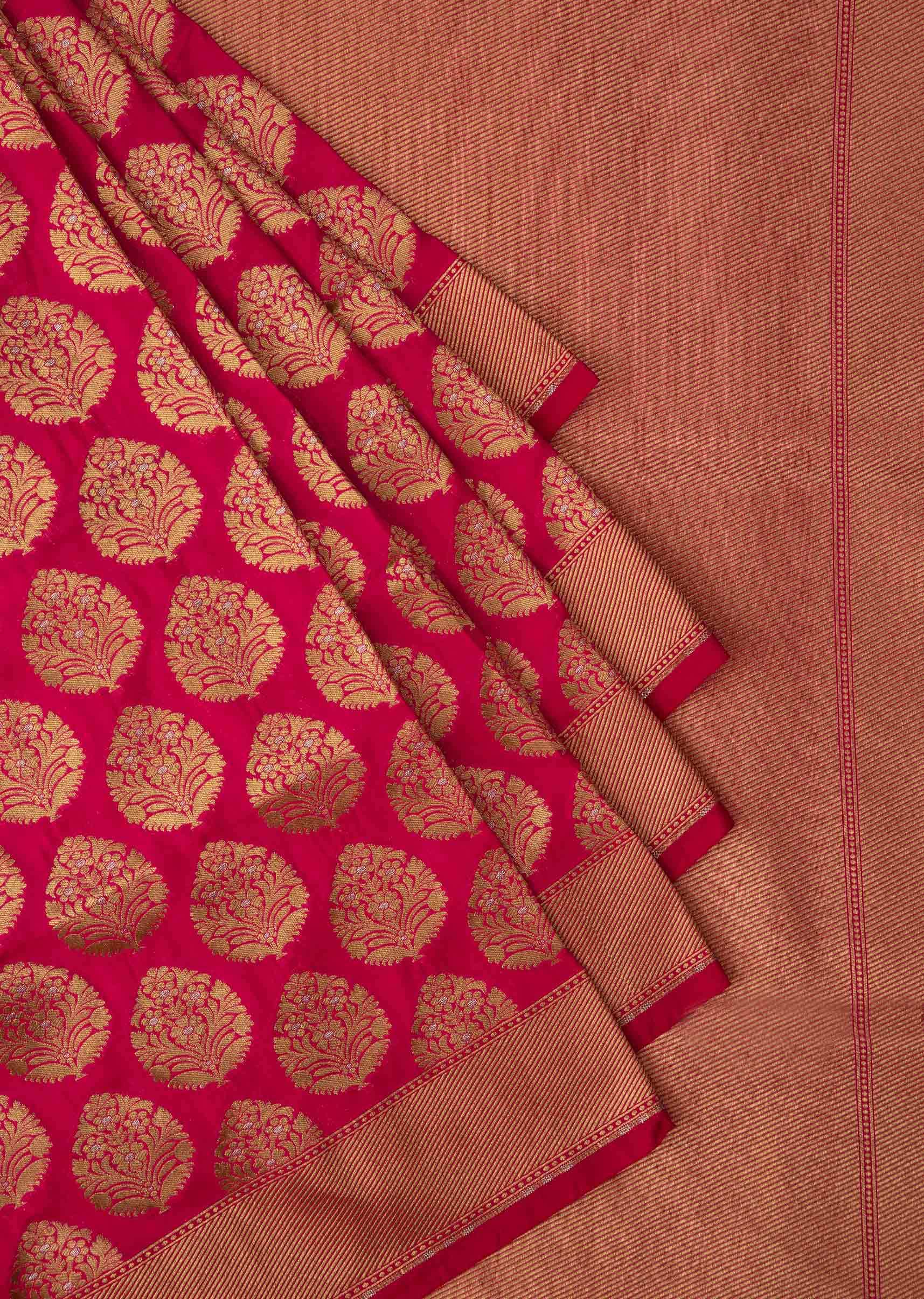Rani pink saree in chanderi silk with zari weaved butti and brocade pallav