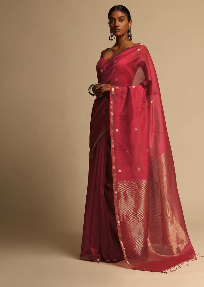Rani Pink Saree In Cotton Silk With Woven Buttis And Thin Border Along With Unstitched Blouse  
