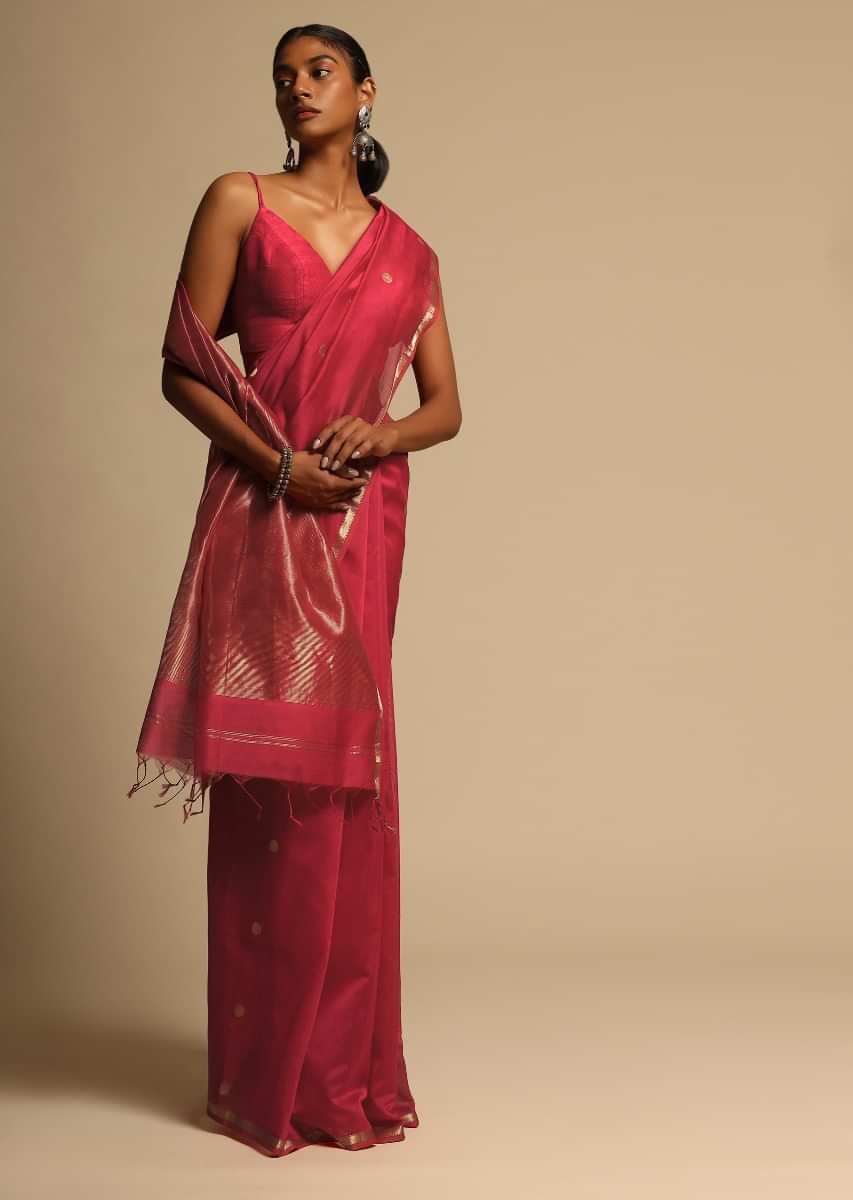 Rani Pink Saree In Cotton Silk With Woven Buttis And Thin Border Along With Unstitched Blouse  