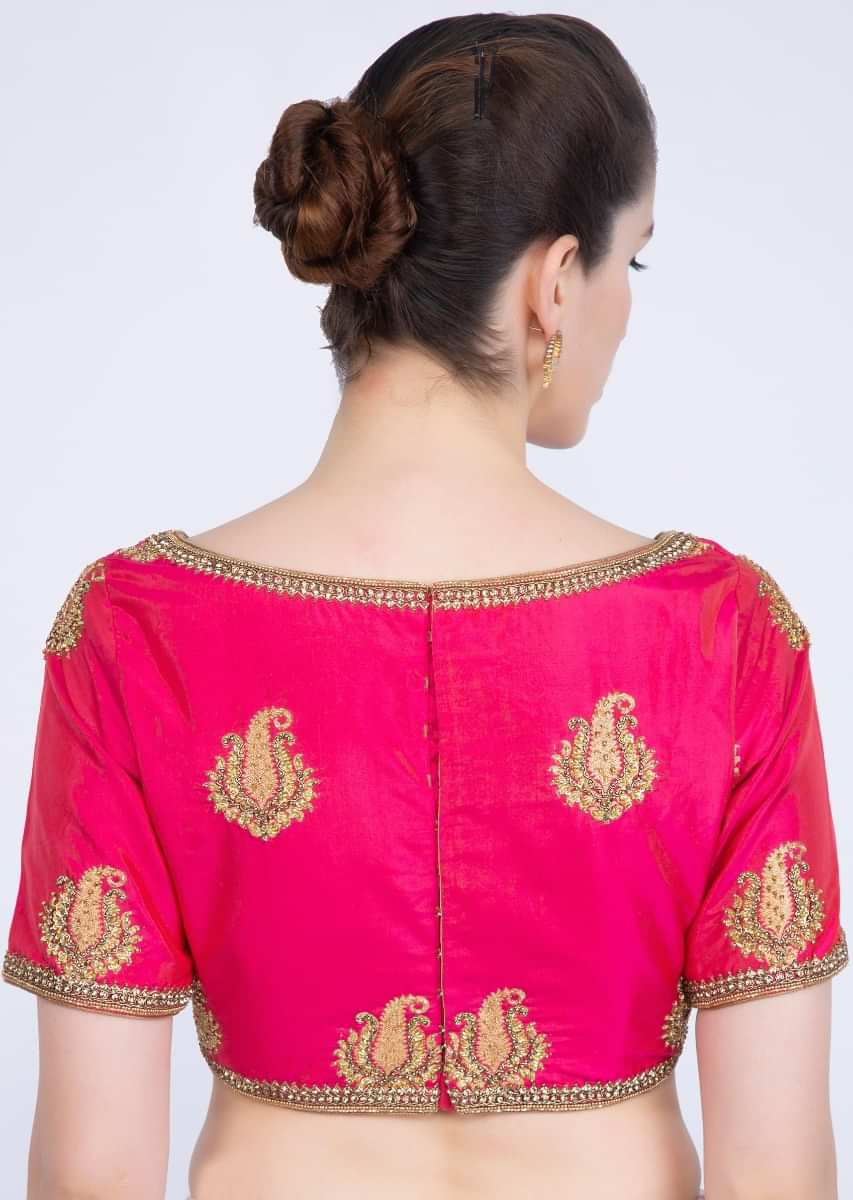 Rani Pink Blouse In Silk With Embroidered Butti And Border Online - Kalki Fashion