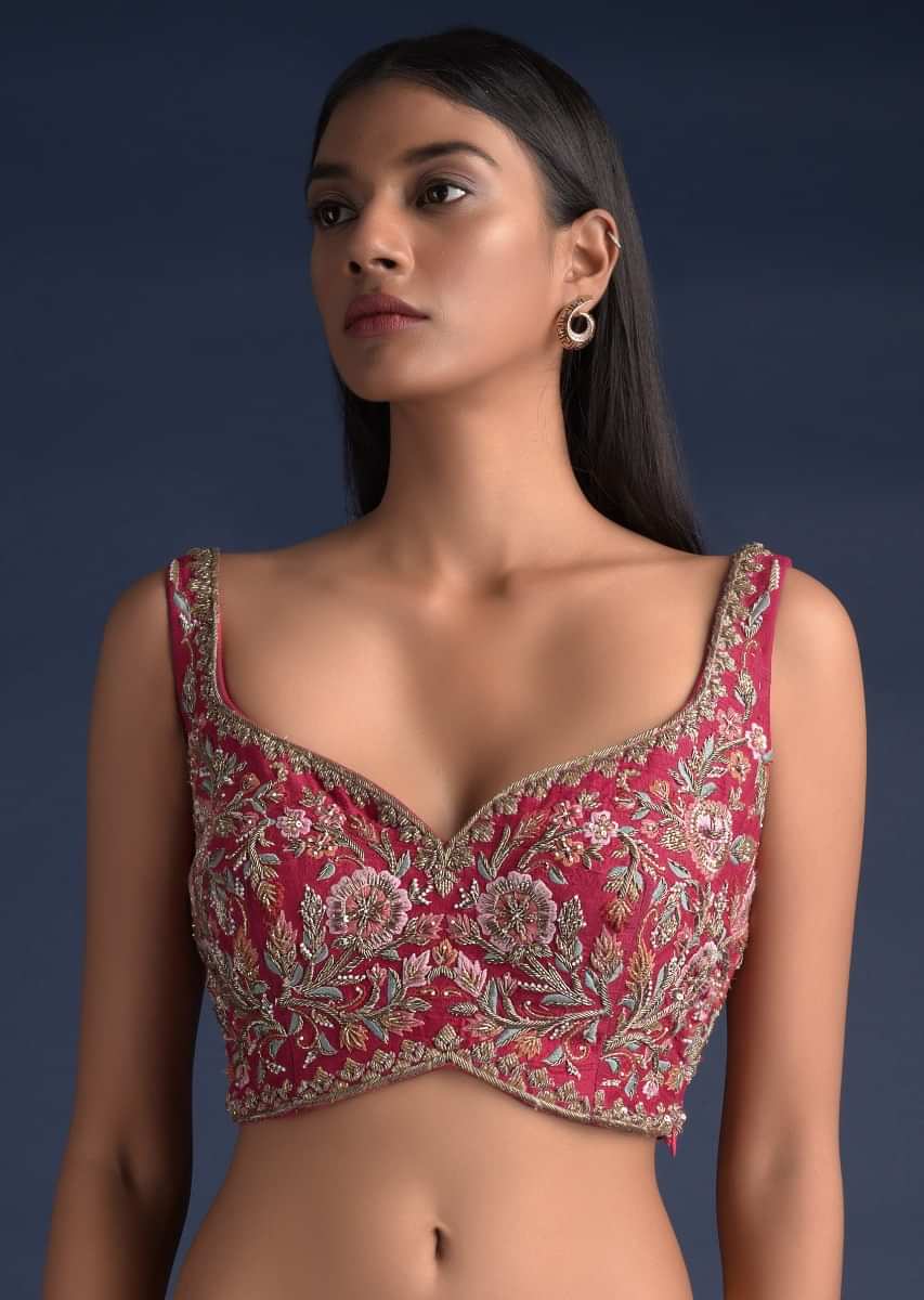 KALKI FASHION Stitched : Buy KALKI FASHION Pink Velvet Blouse in Cap  Sleeves with a Sweetheart Neckline Online