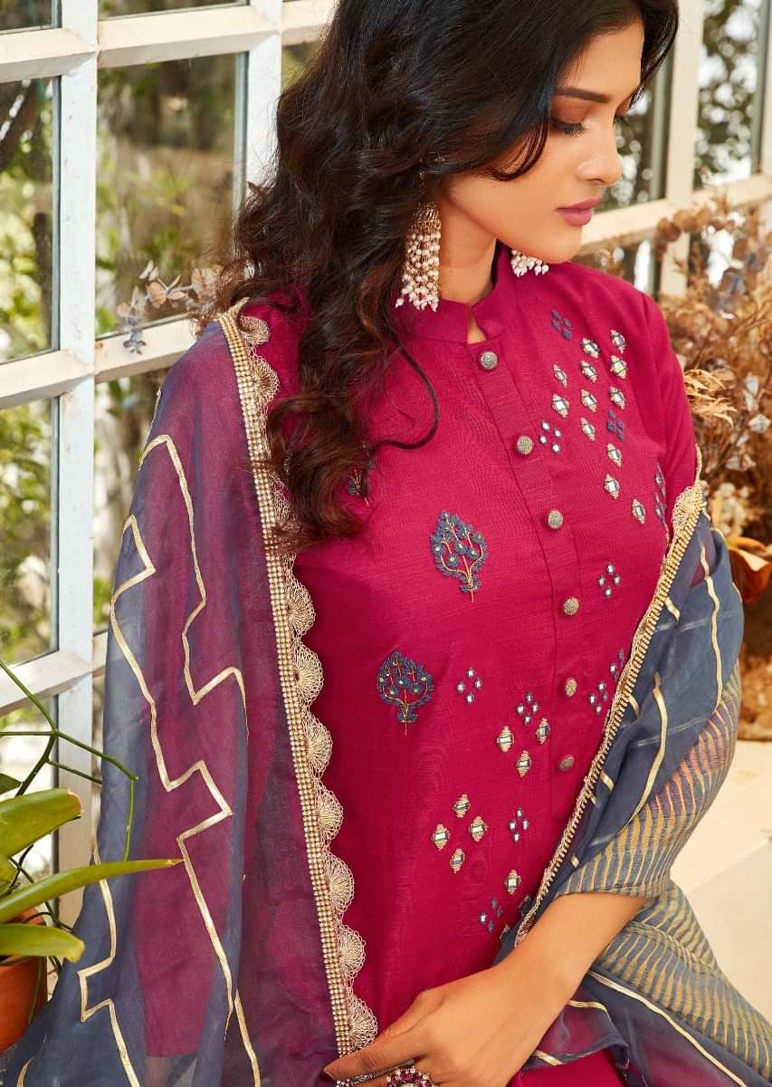 Rani pink straight suit in raw silk with french knot and mirror embroidery