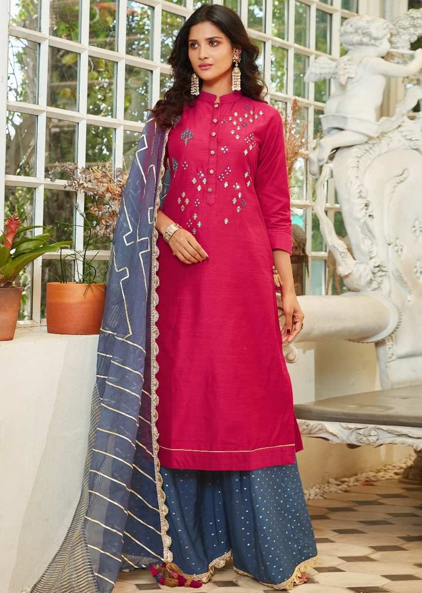 Rani pink straight suit in raw silk with french knot and mirror embroidery
