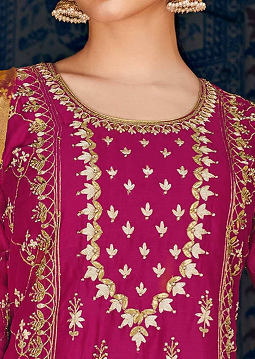 Rani pink straight suit in silk with gotta patch and zari embroidery 