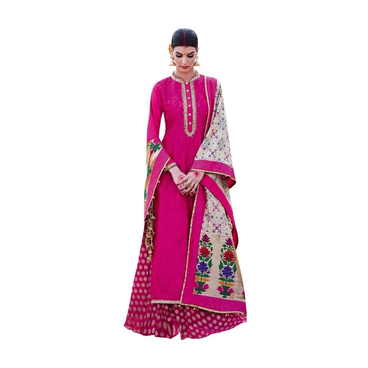 Rani pink straight suit with pita zari embroidery