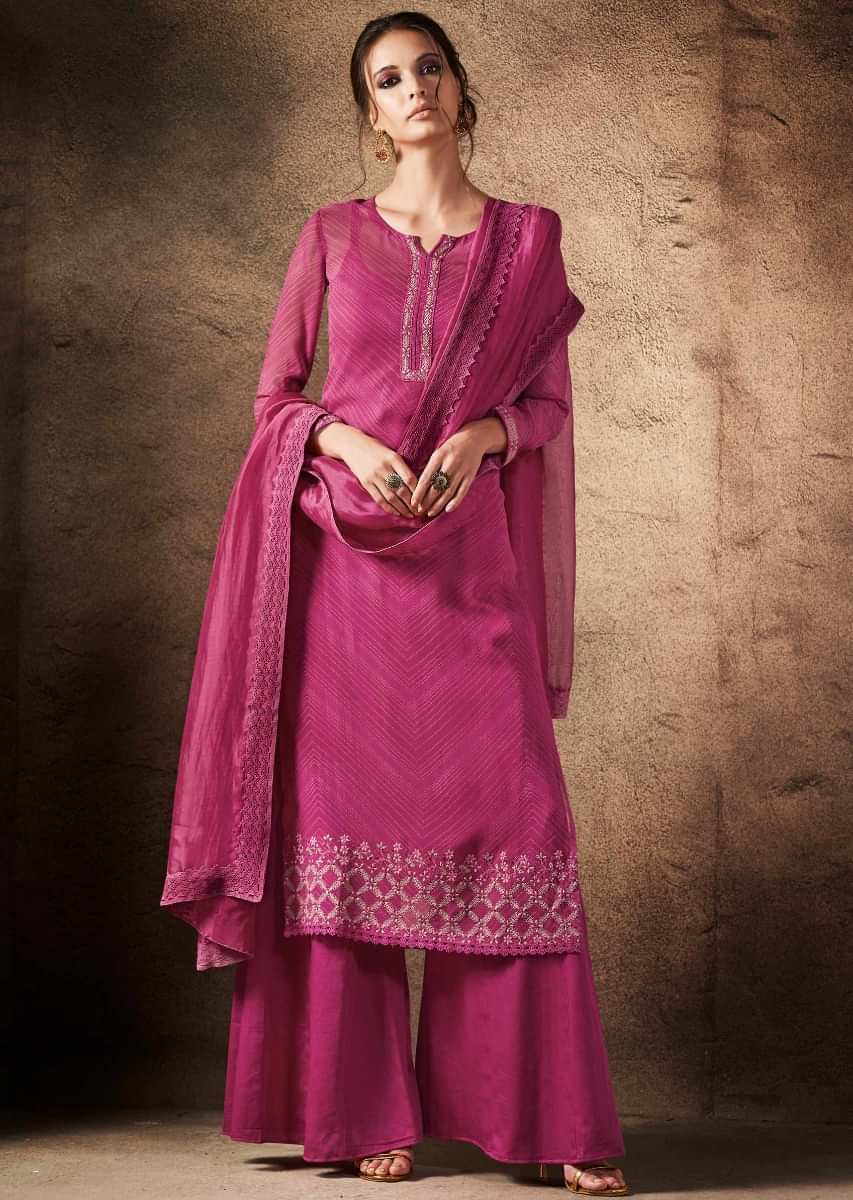 Rani pink unstitched suit in resham embroidered placket and hem line