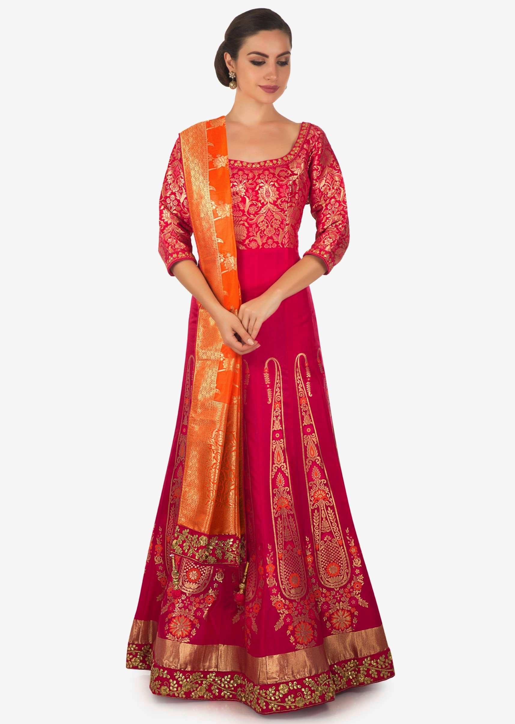 Rani pink brocade anarkali suit adorn in gotta patch embroidery only on Kalki