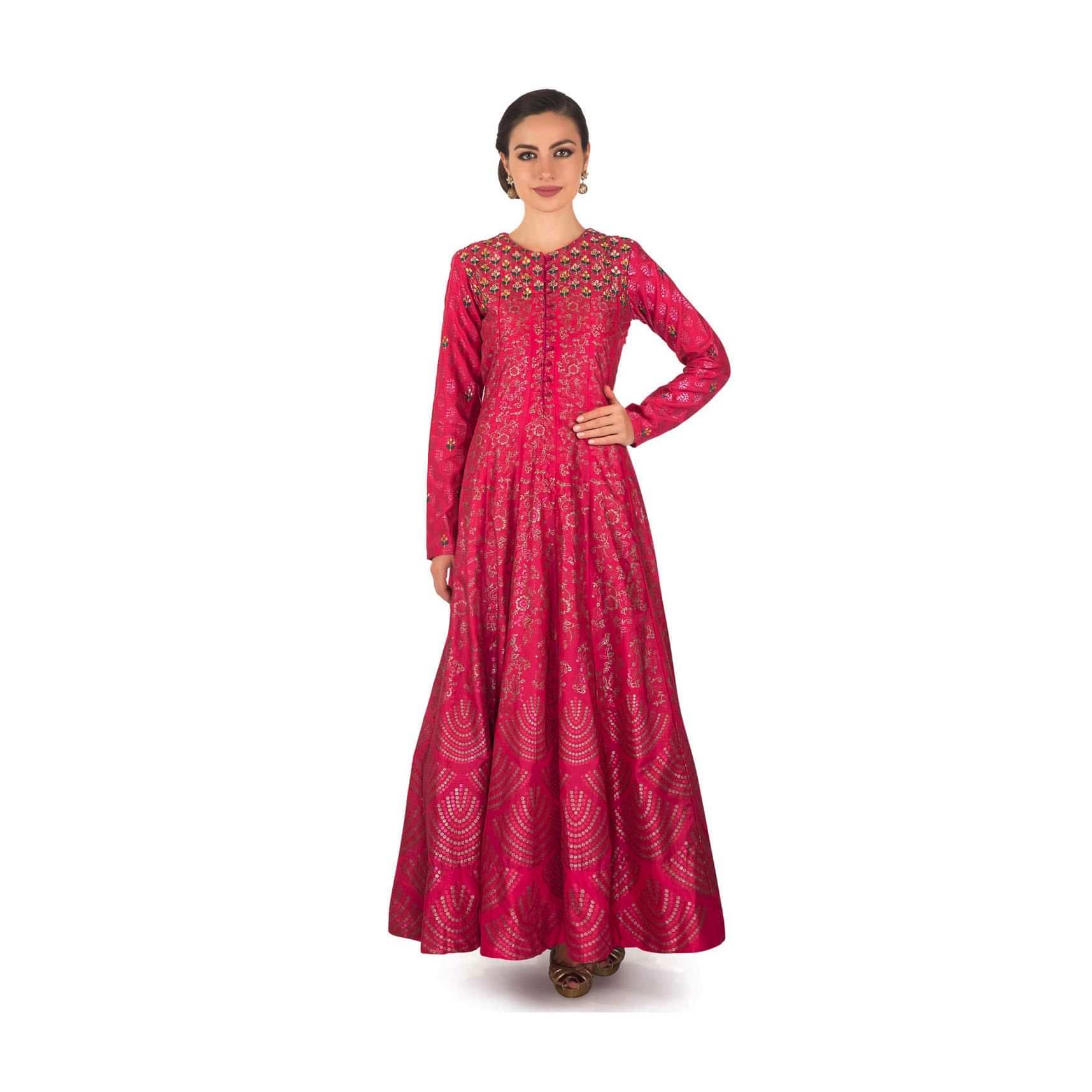 Rani pink brocade suit with foil print and embroidered yoke only on Kalki