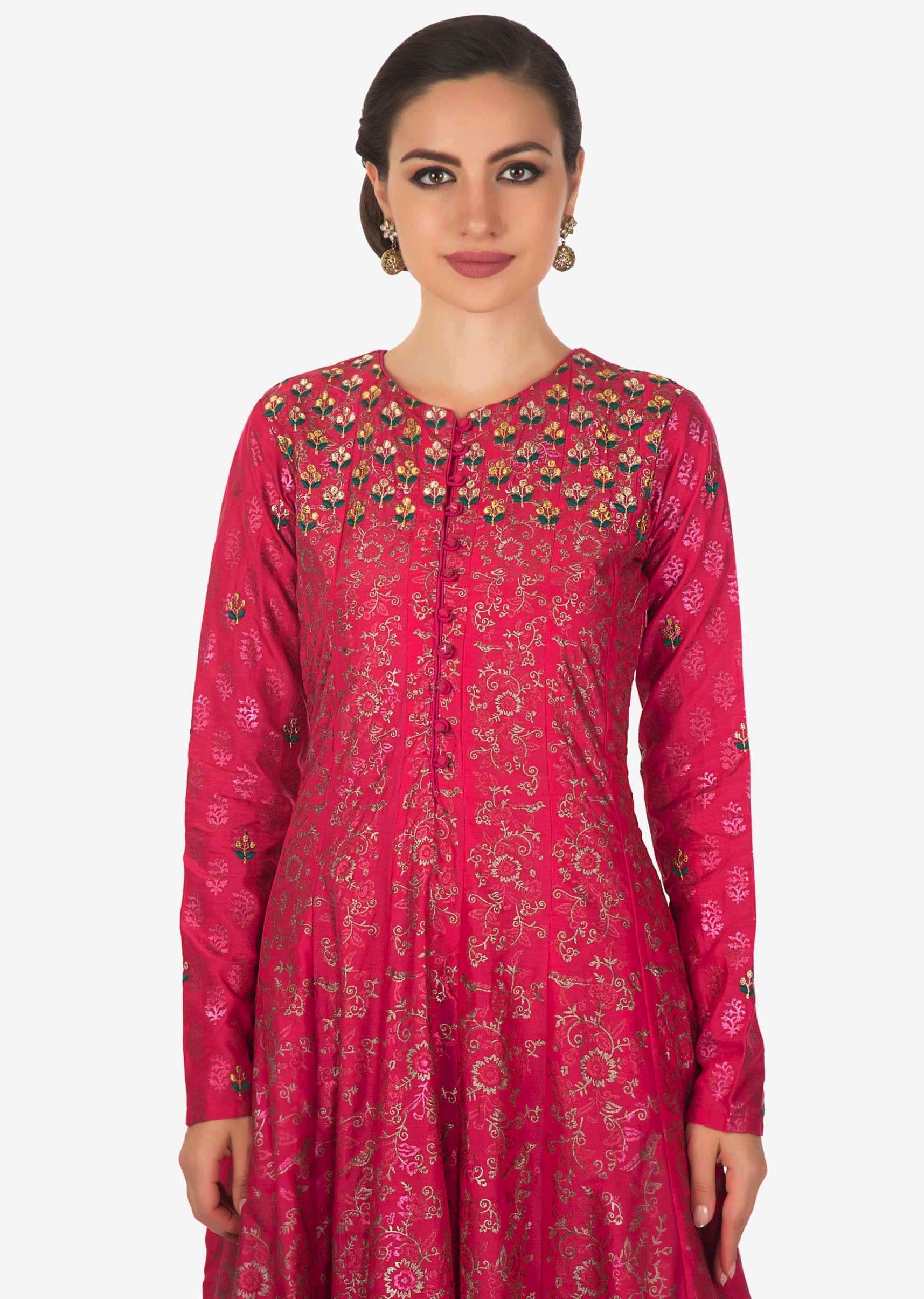 Rani pink brocade suit with foil print and embroidered yoke only on Kalki
