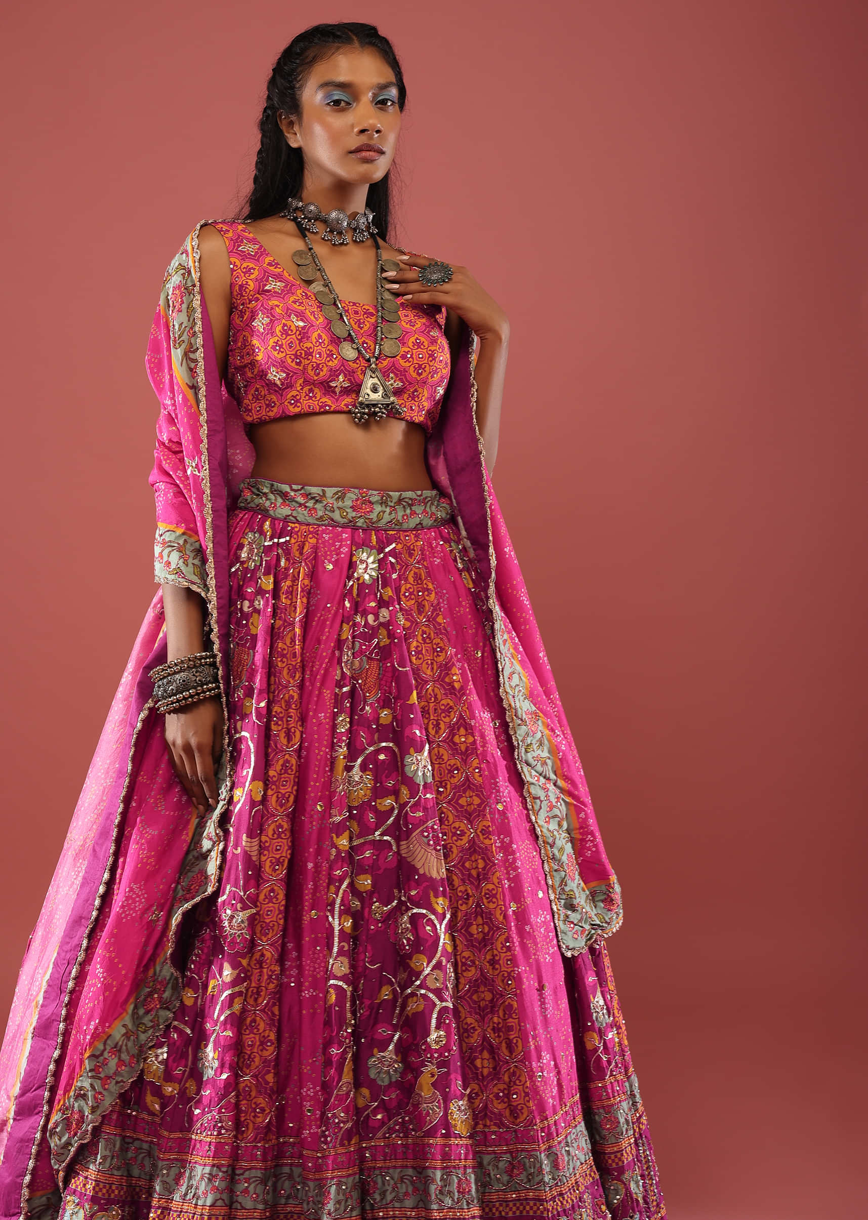 Buy Magenta Pink Silk Lehenga With Printed Kalis In Bandhani, Bird ...