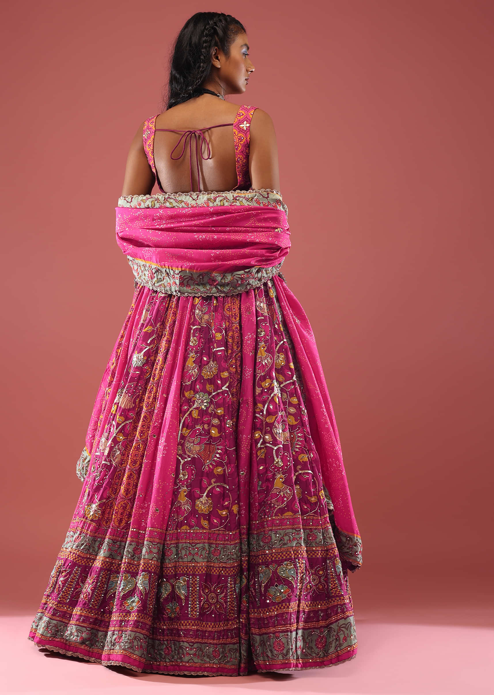 Magenta Pink Silk Lehenga With Printed Kalis In Bandhani, Bird Block Print And Moroccan Motifs