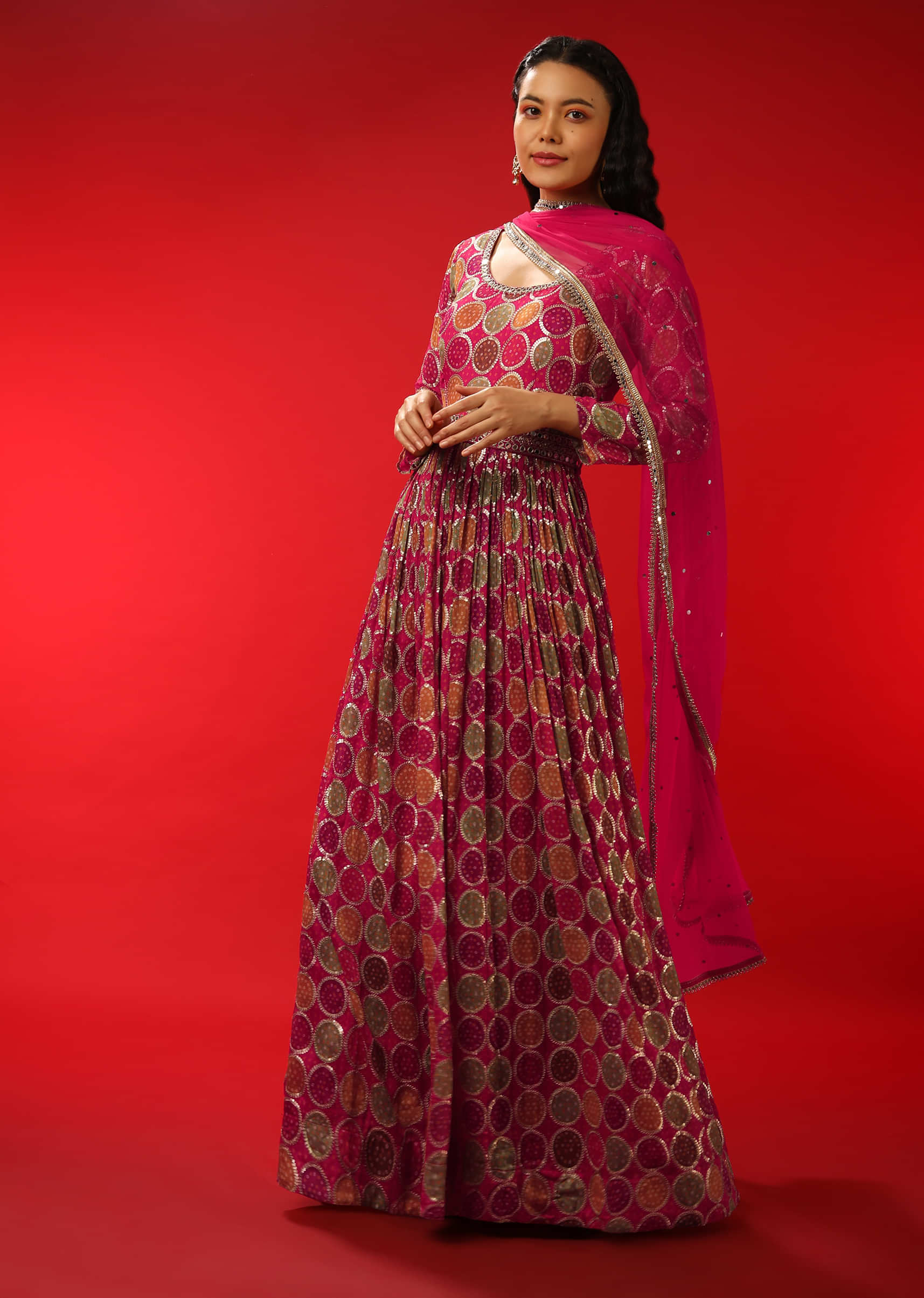 Rani Pink Anarkali Suit In Georgette With Bandhani Print And Multi Colored Circles  
