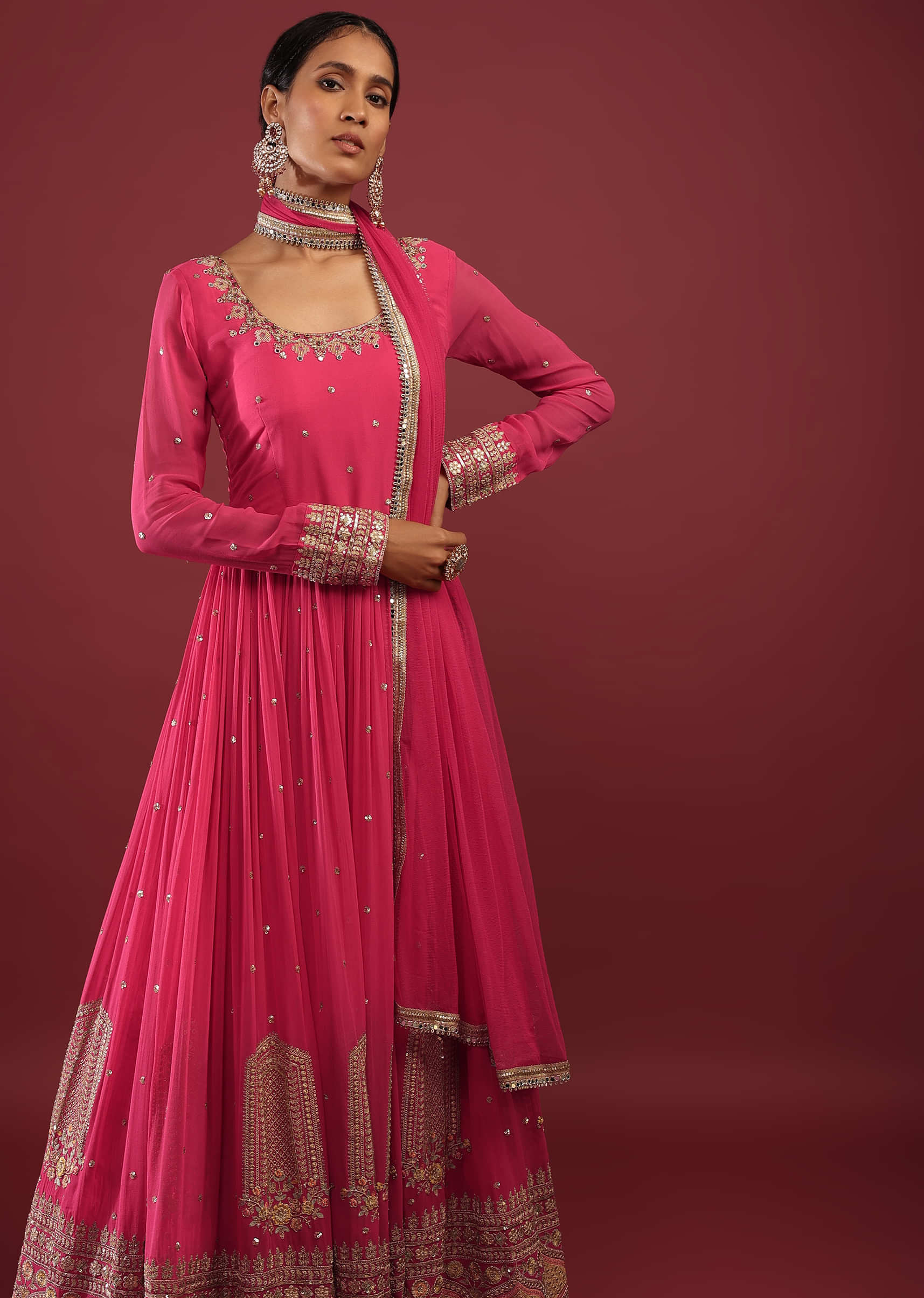 Rani Pink Anarkali Suit In Georgette With Multicolored Resham And Zari Embroidered Mughal Design
