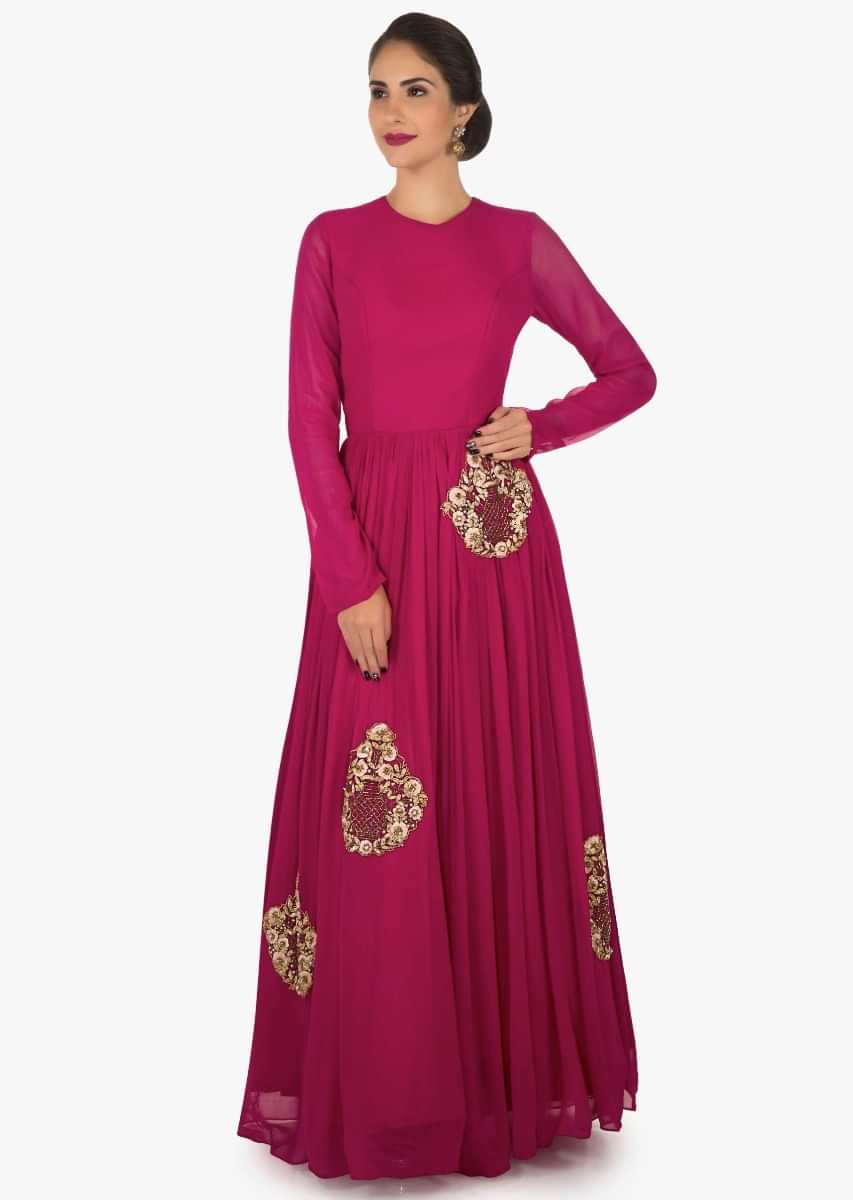 Rani pink anarkali suit in georgette beautified in resham and zari butti work only on Kalki
