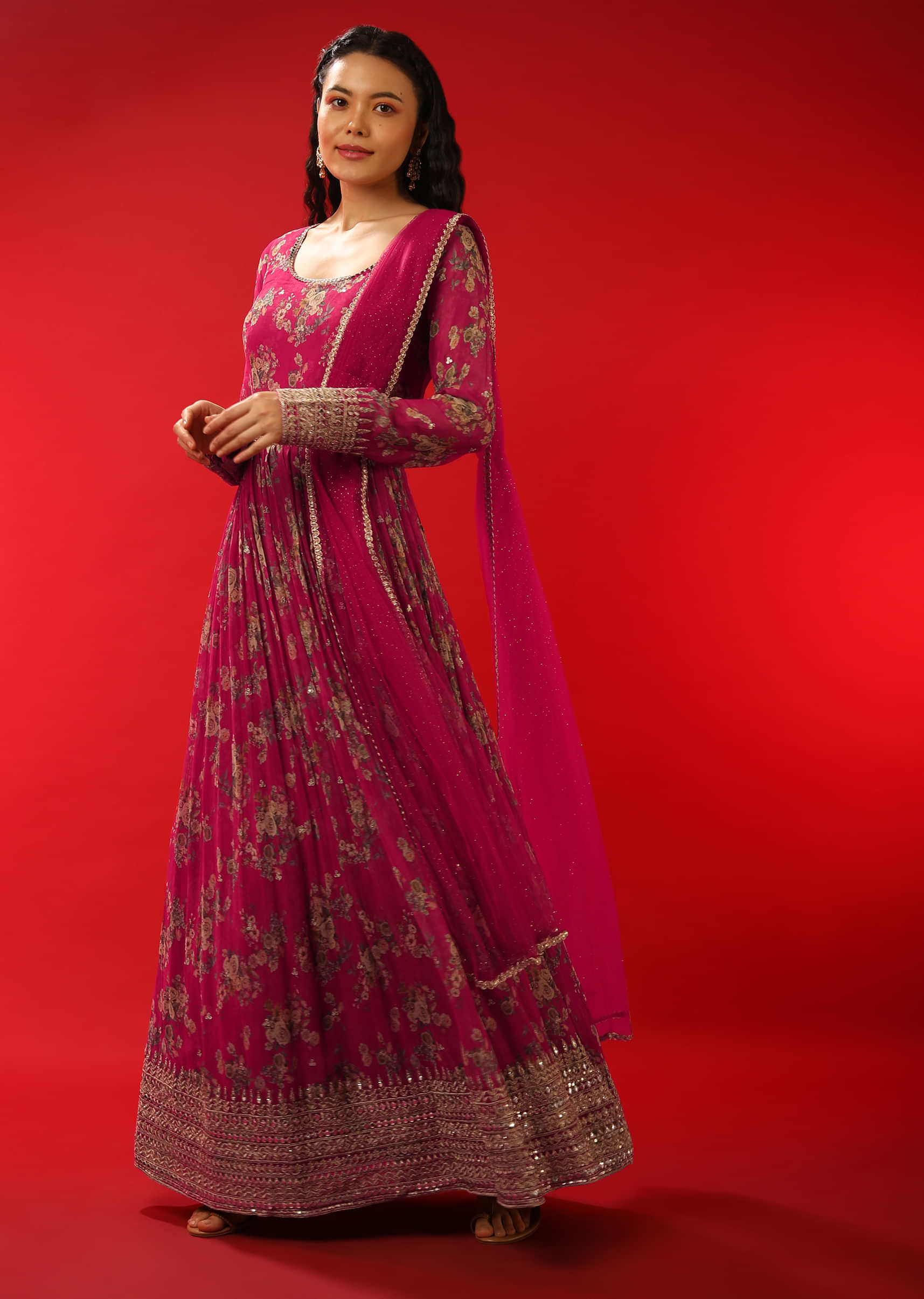 Azalea Pink Anarkali Suit In Georgette With Floral Print And Zari Work