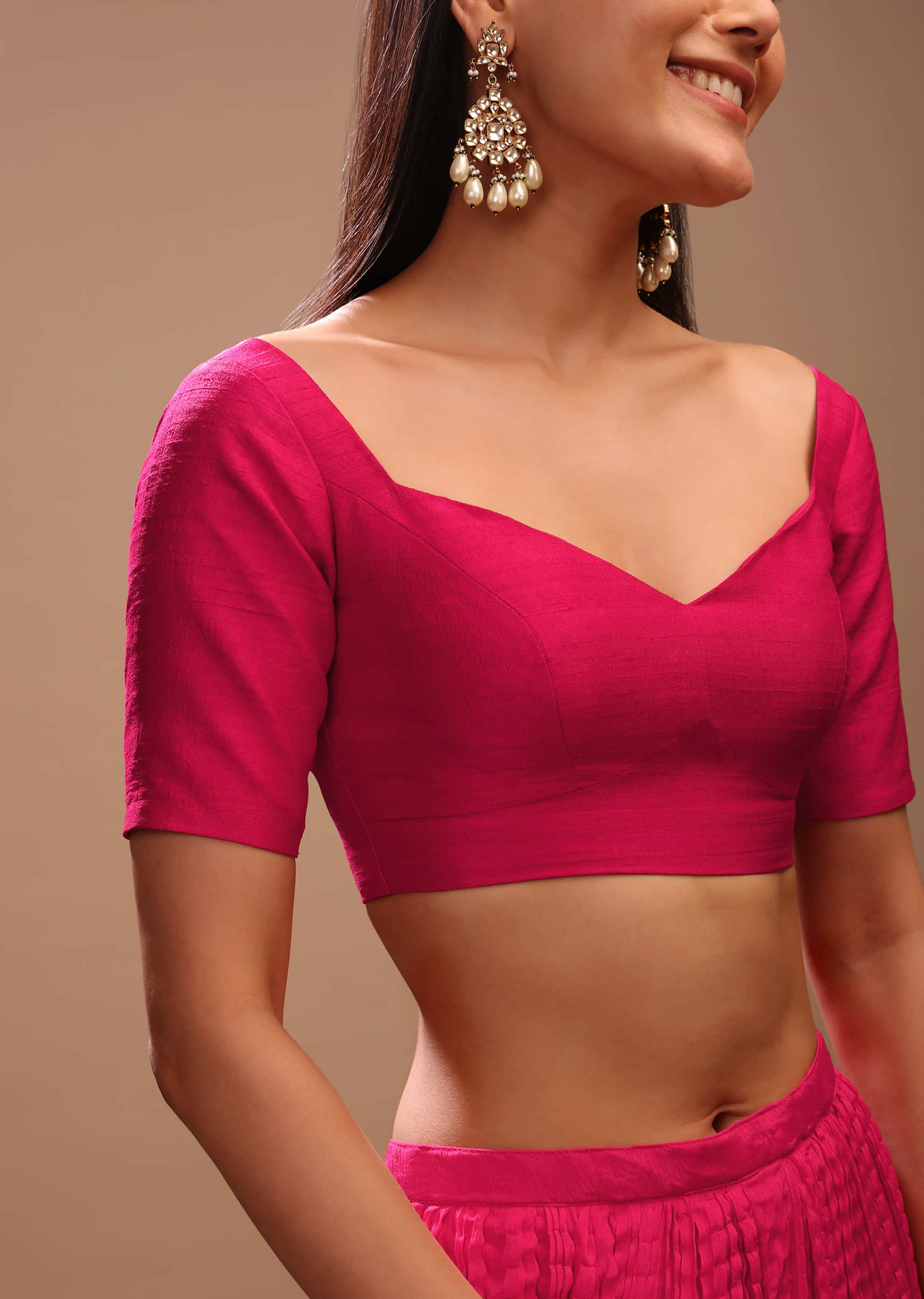 Rani Pink Blouse In Raw Silk With Half Sleeves And Sweetheart Neckline