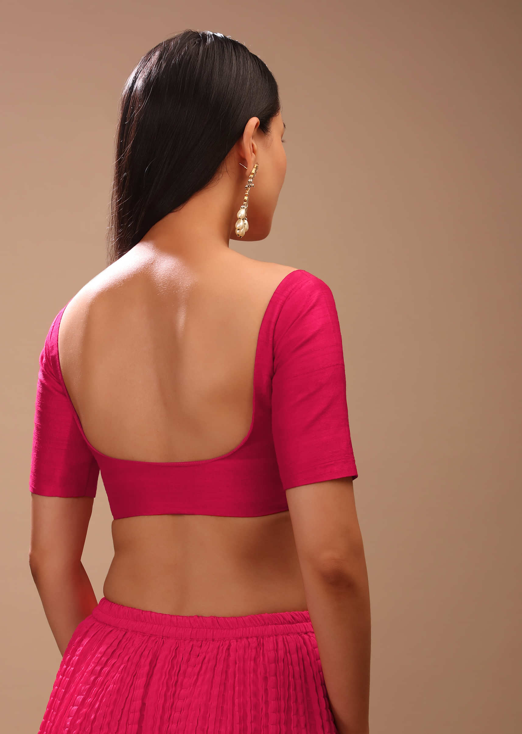 Rani Pink Blouse In Raw Silk With Half Sleeves And Sweetheart Neckline