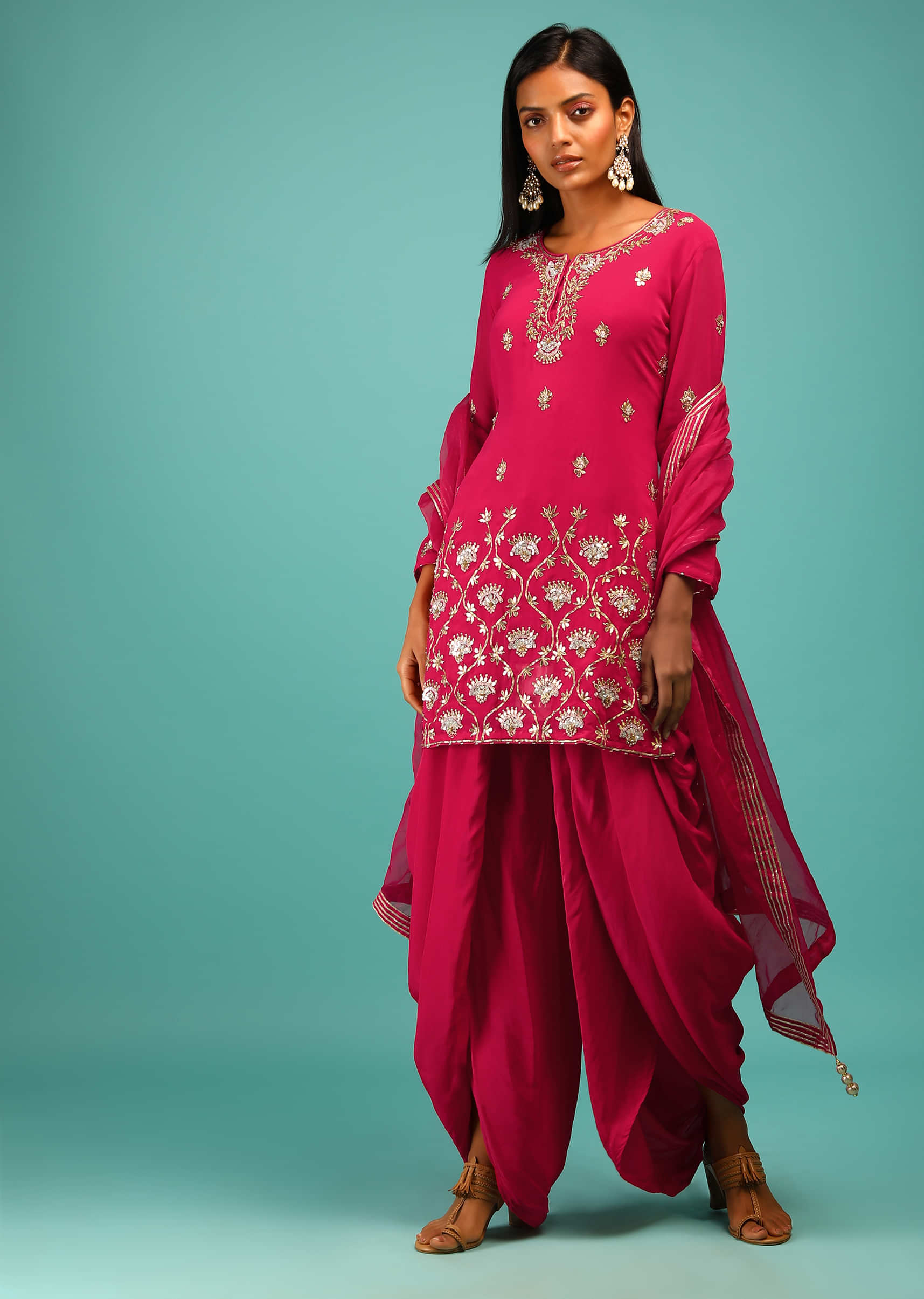 Rani Pink Dhoti Suit With Gotta Patti And Sequins Embroidered Moroccan And Floral Motifs