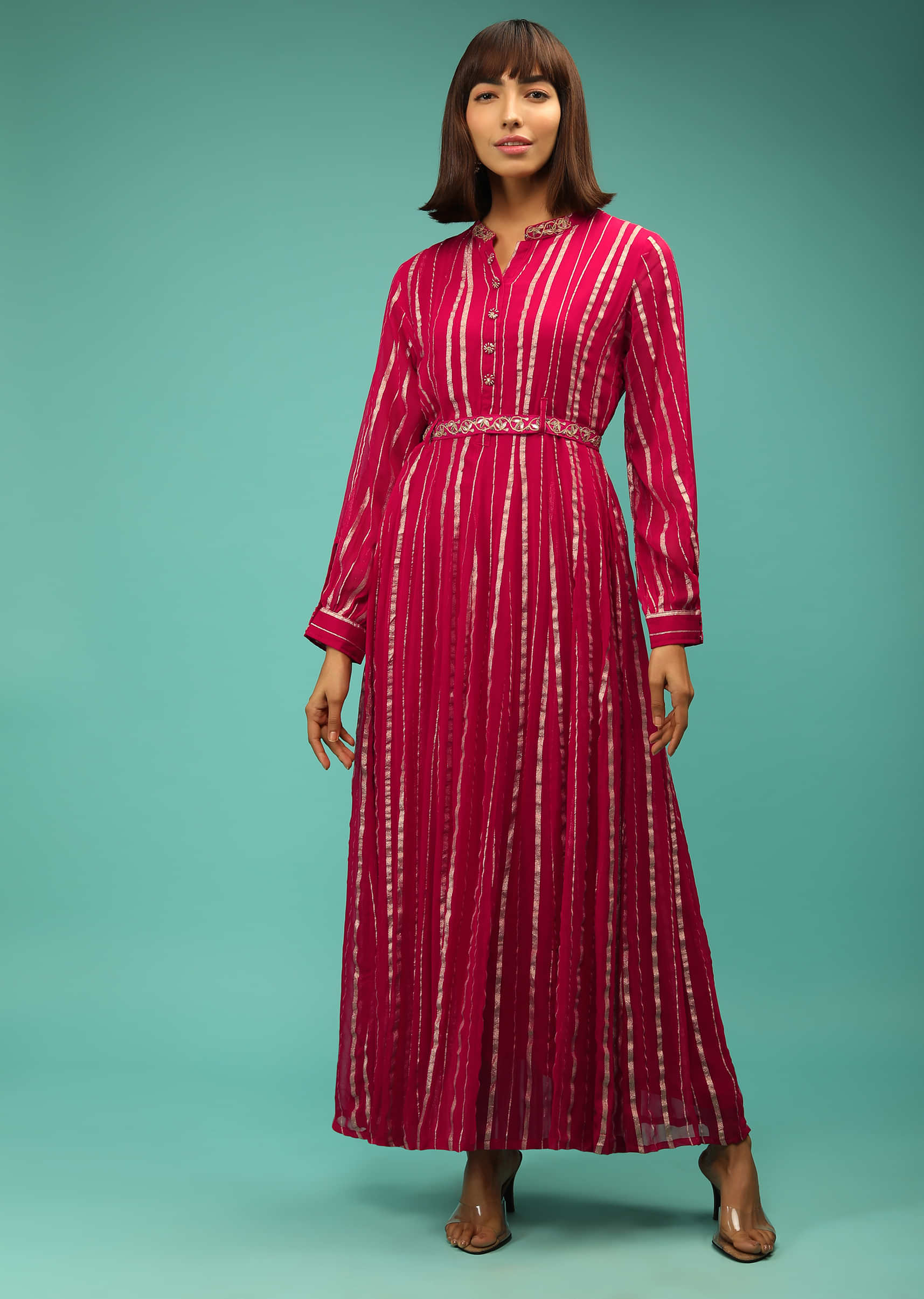 Rani Pink Dress In Georgette With Lurex Stripes And Embroidered Belt 