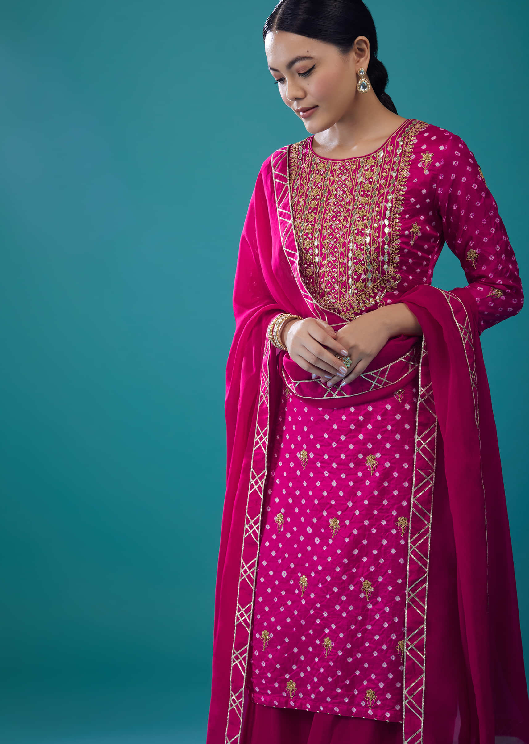 Azalea Pink Embroidered Bandhani Palazzo Set In Silk