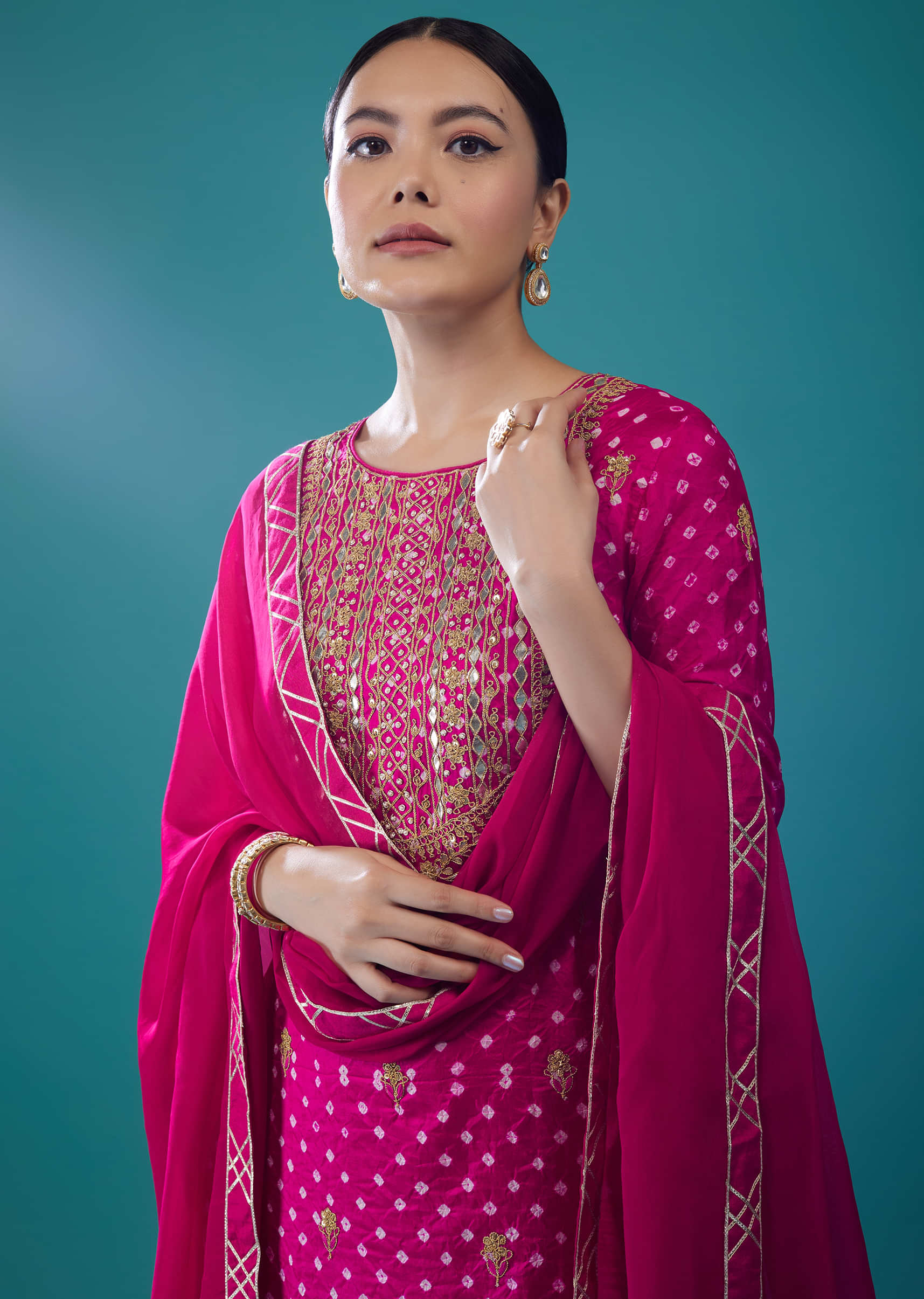 Azalea Pink Embroidered Bandhani Palazzo Set In Silk