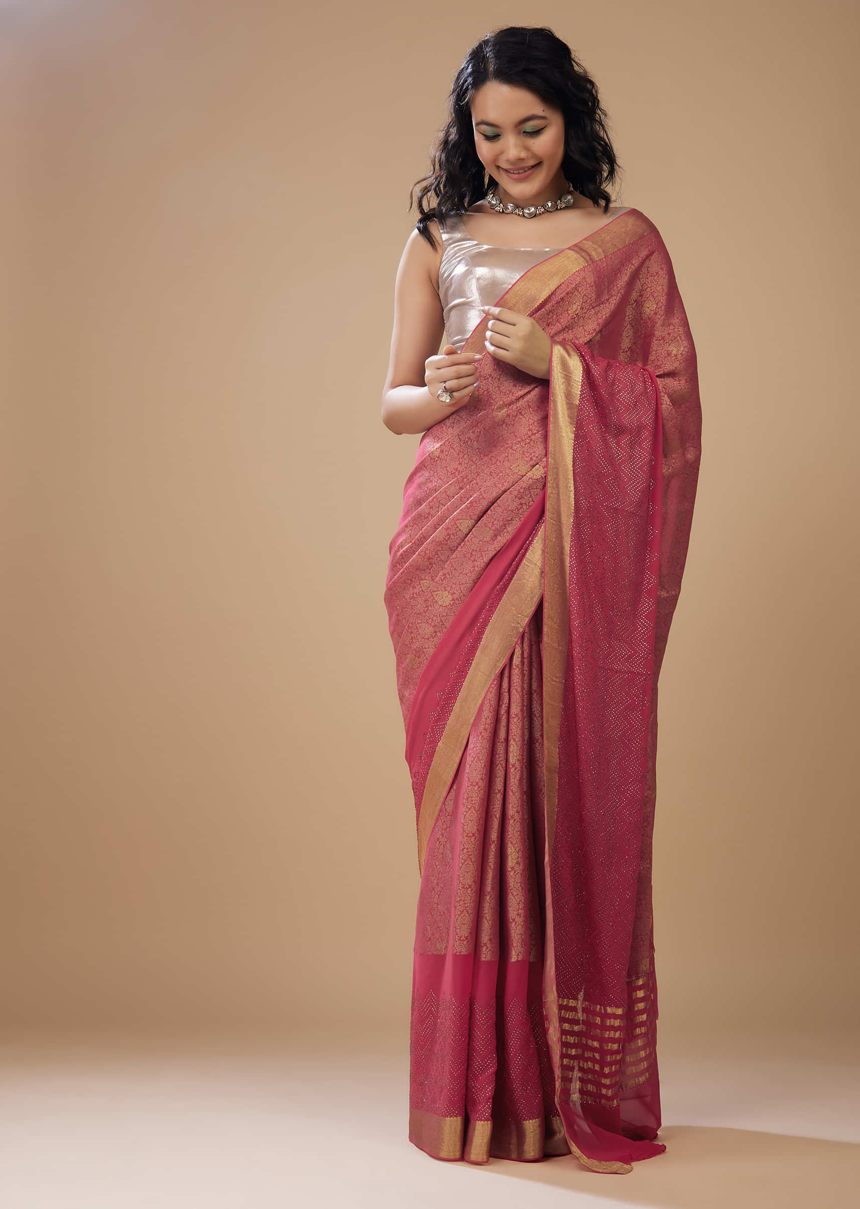 Rouge Pink Embroidered Chiffon Saree