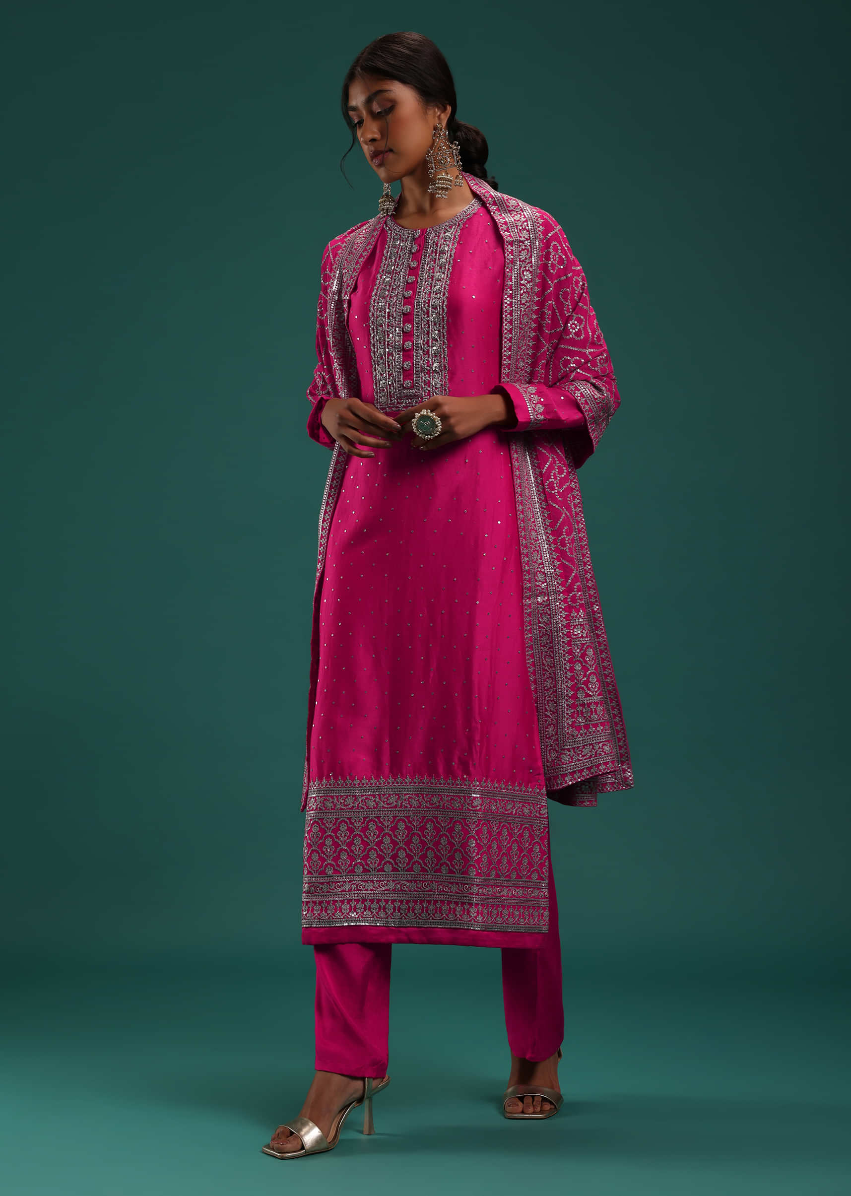 Buy Rani Pink chanderi Silk Festive Kurtis Pant Set with Sequins Work
