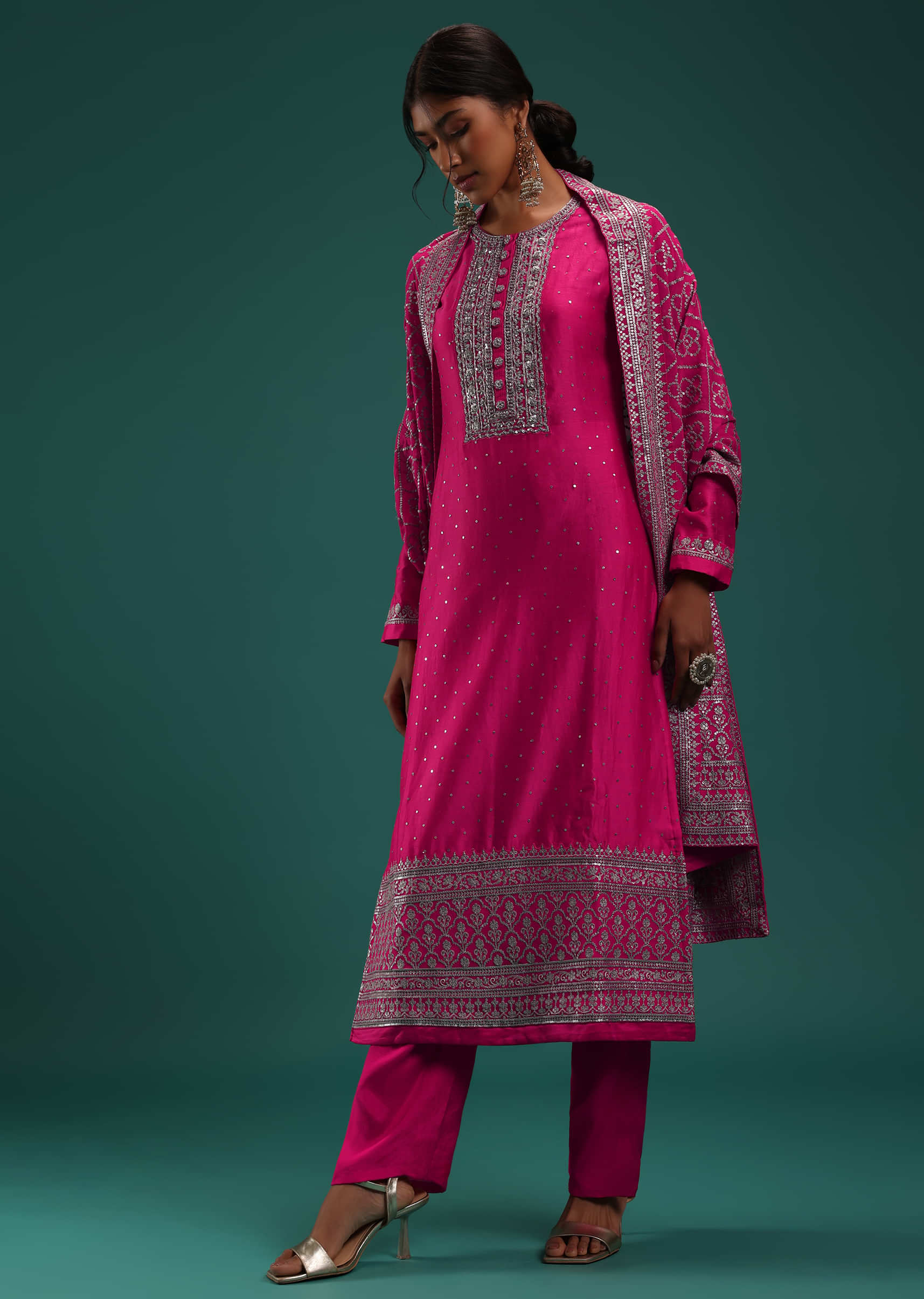 Pink Color Anarkali Kurti with Cotton Pant and Dupatta