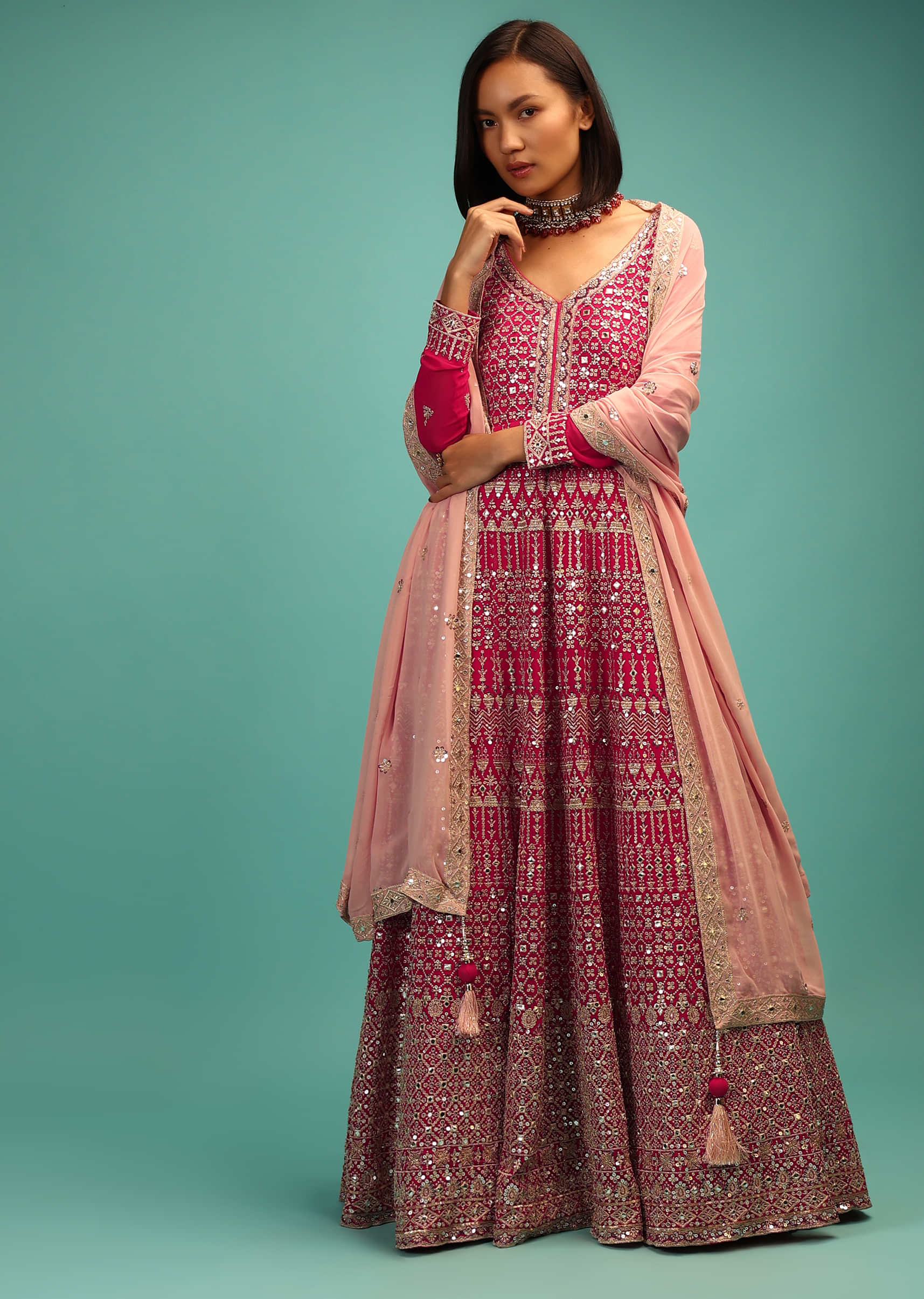 Rani Pink Anarkali Suit In Zari And Embroidered Jhaal