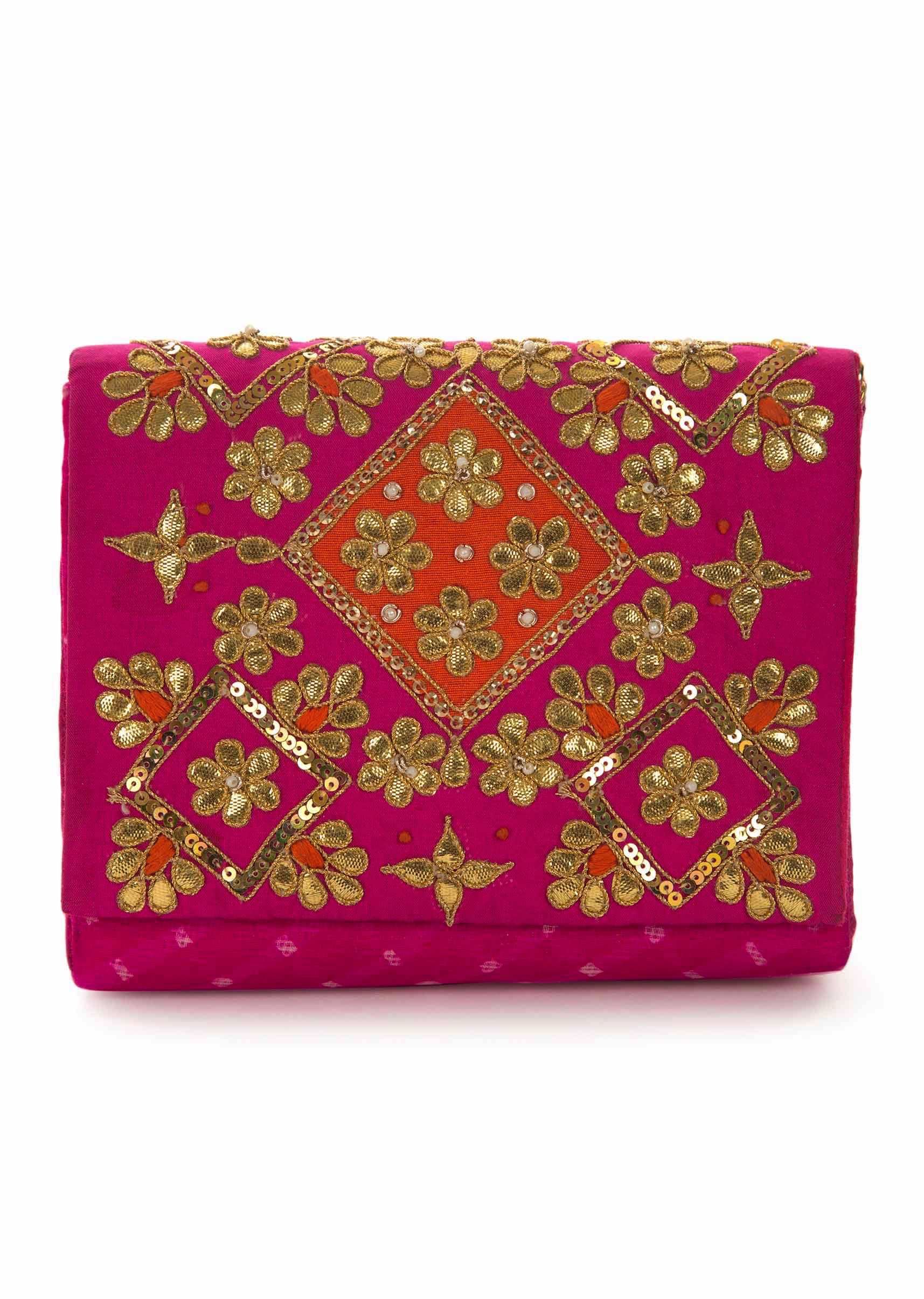 Rani pink gotta patti embroidered bag only on Kalki