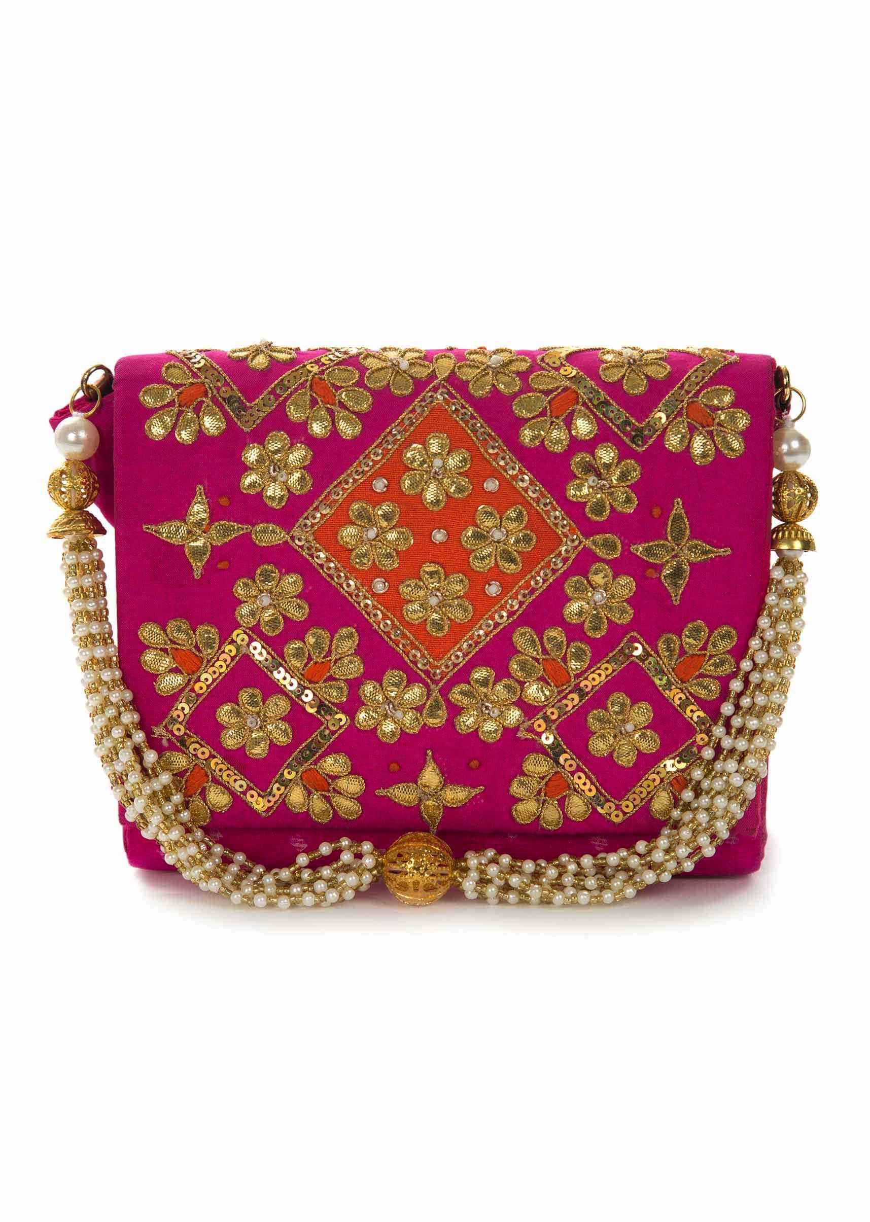 Rani pink gotta patti embroidered bag only on Kalki