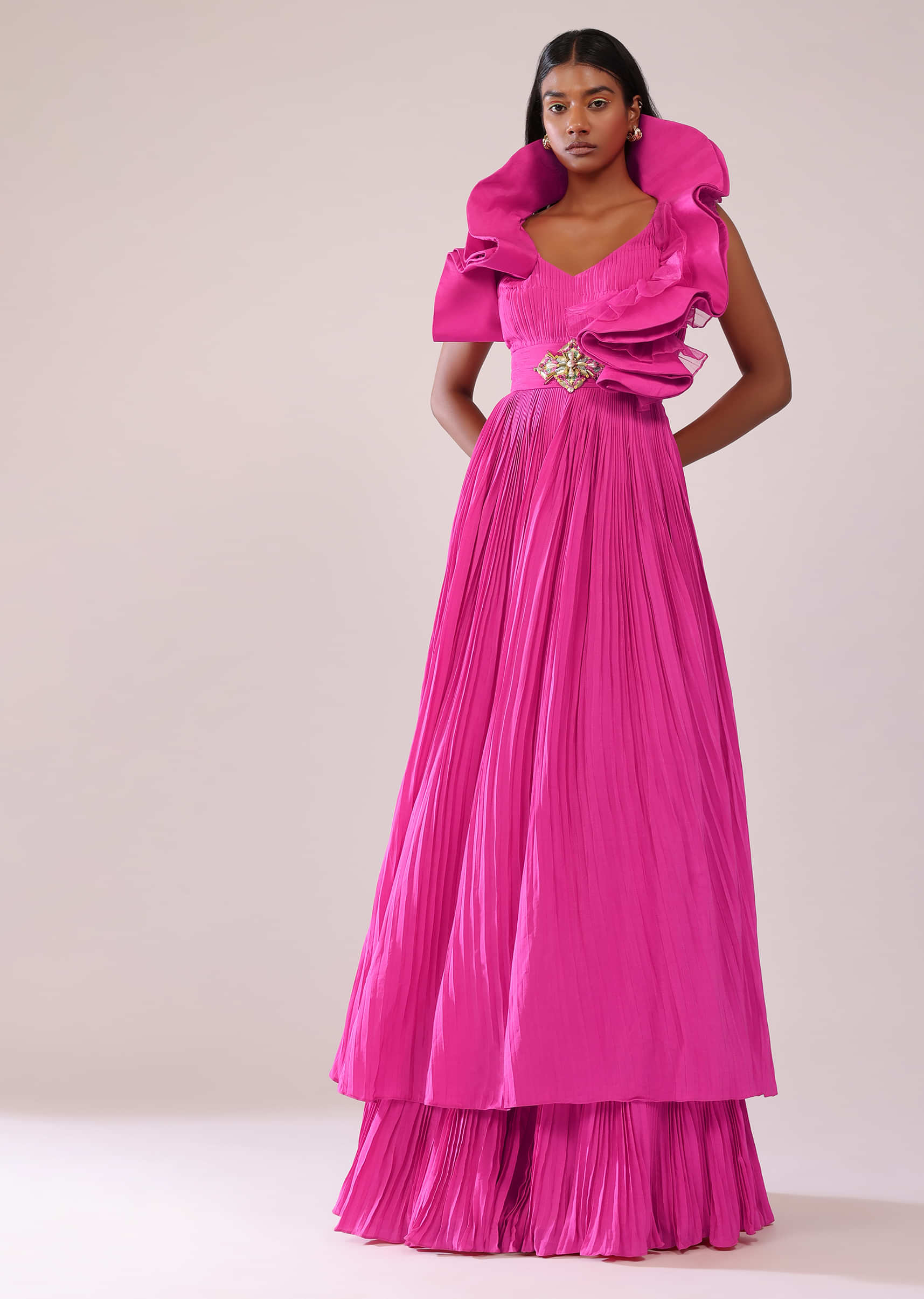 Rani Pink Indo-Western Crepe Gown With Patchwork On The Neckline