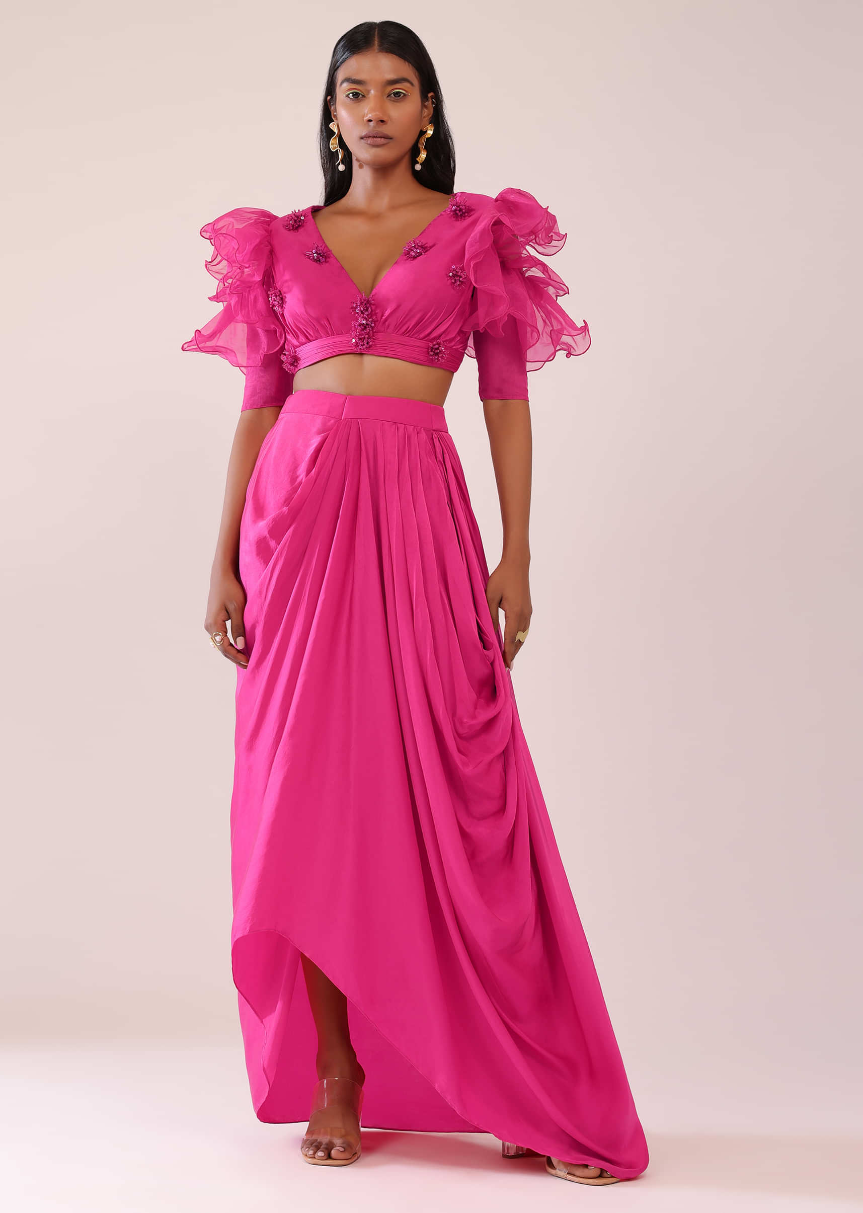 Buy Rani Pink Cowl Draped Skirt In Satin With Ruffle Organza Blouse KALKI Fashion  India