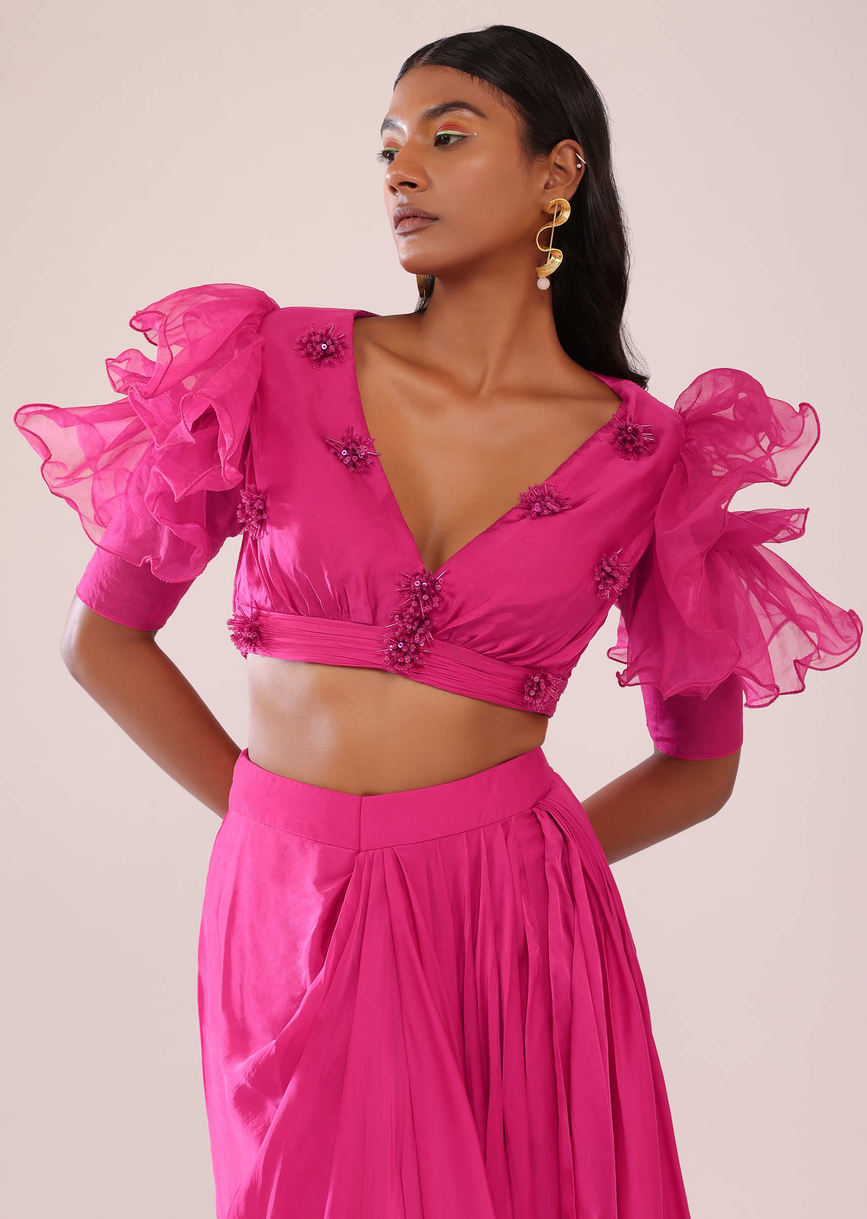 Rani Pink Cowl Draped Skirt In Satin With Ruffle Organza Blouse
