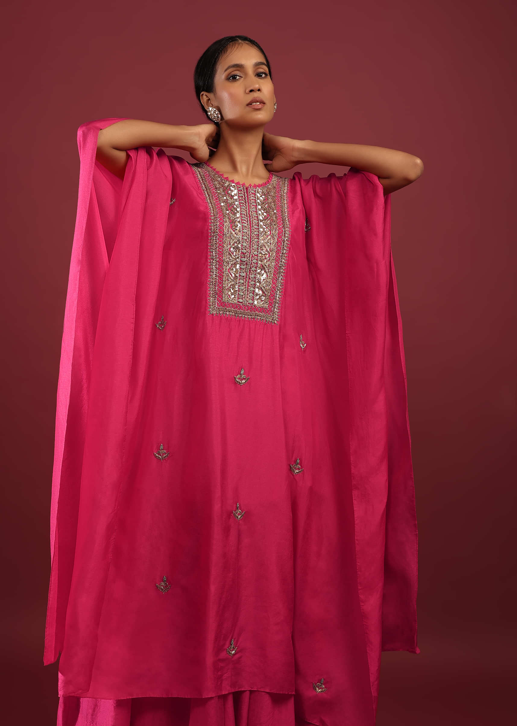 Rani Pink Kaftan Suit With High Low Palazzo Pants And Zardosi Embroidered Yoke Design