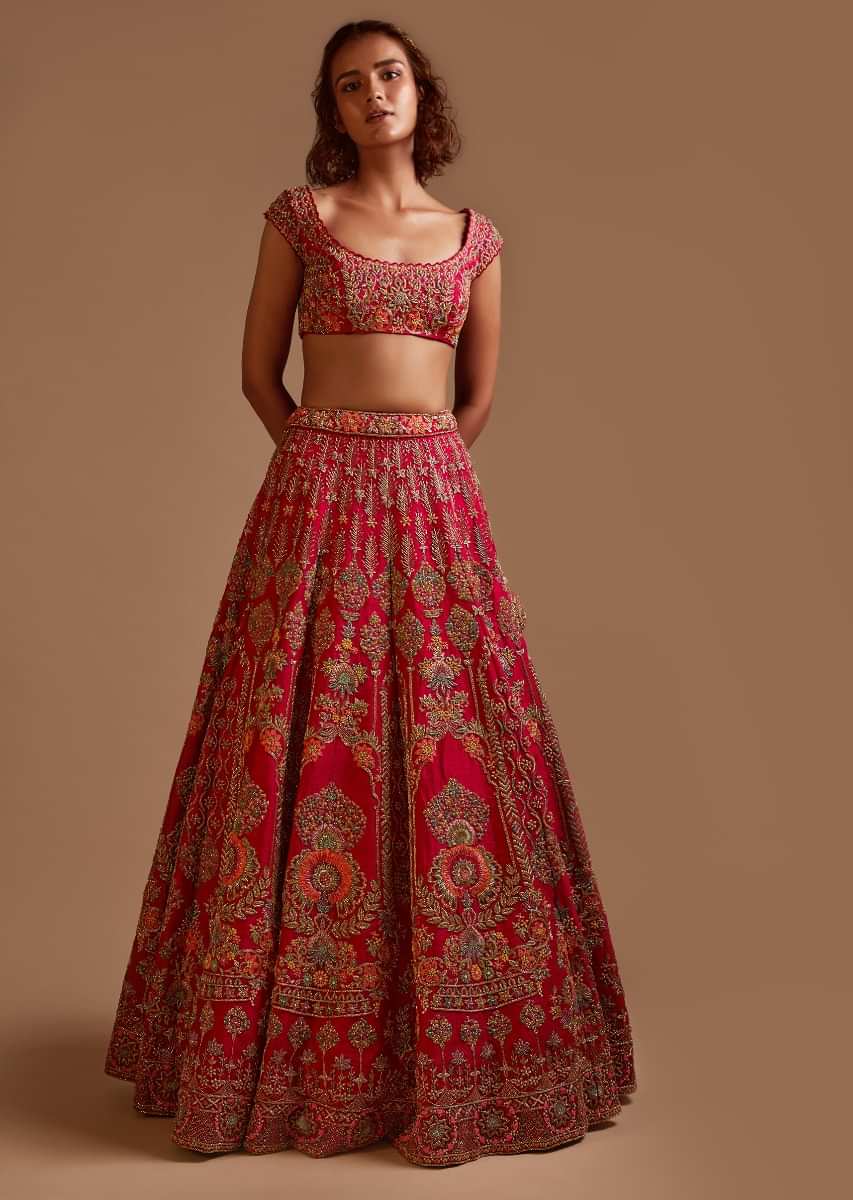 Buy Rani Pink Lehenga Choli In Raw Silk With Colorful Resham And Cut ...