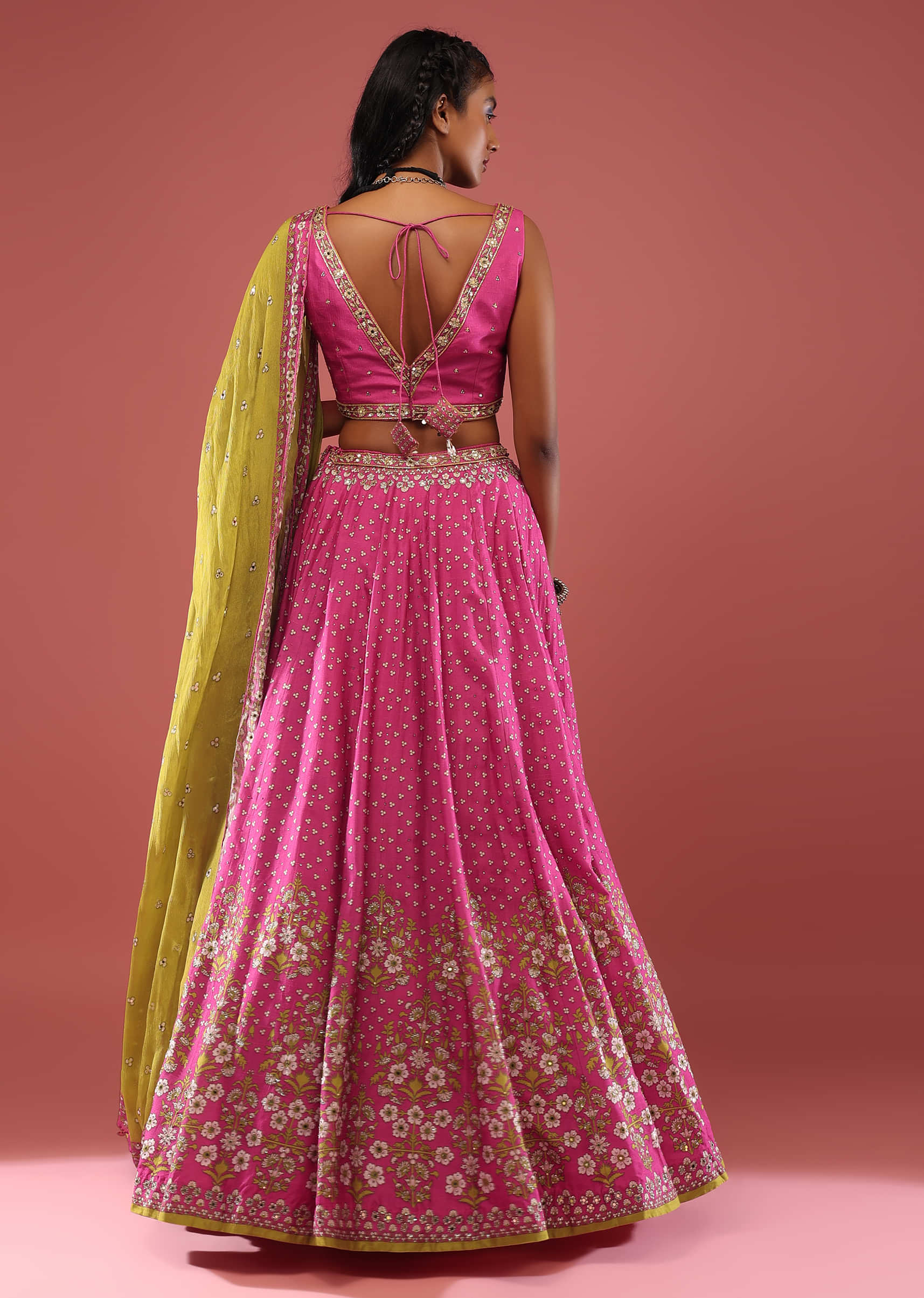 Rani Pink Lehenga Choli With Floral Print And Small Sequin-Stone Work