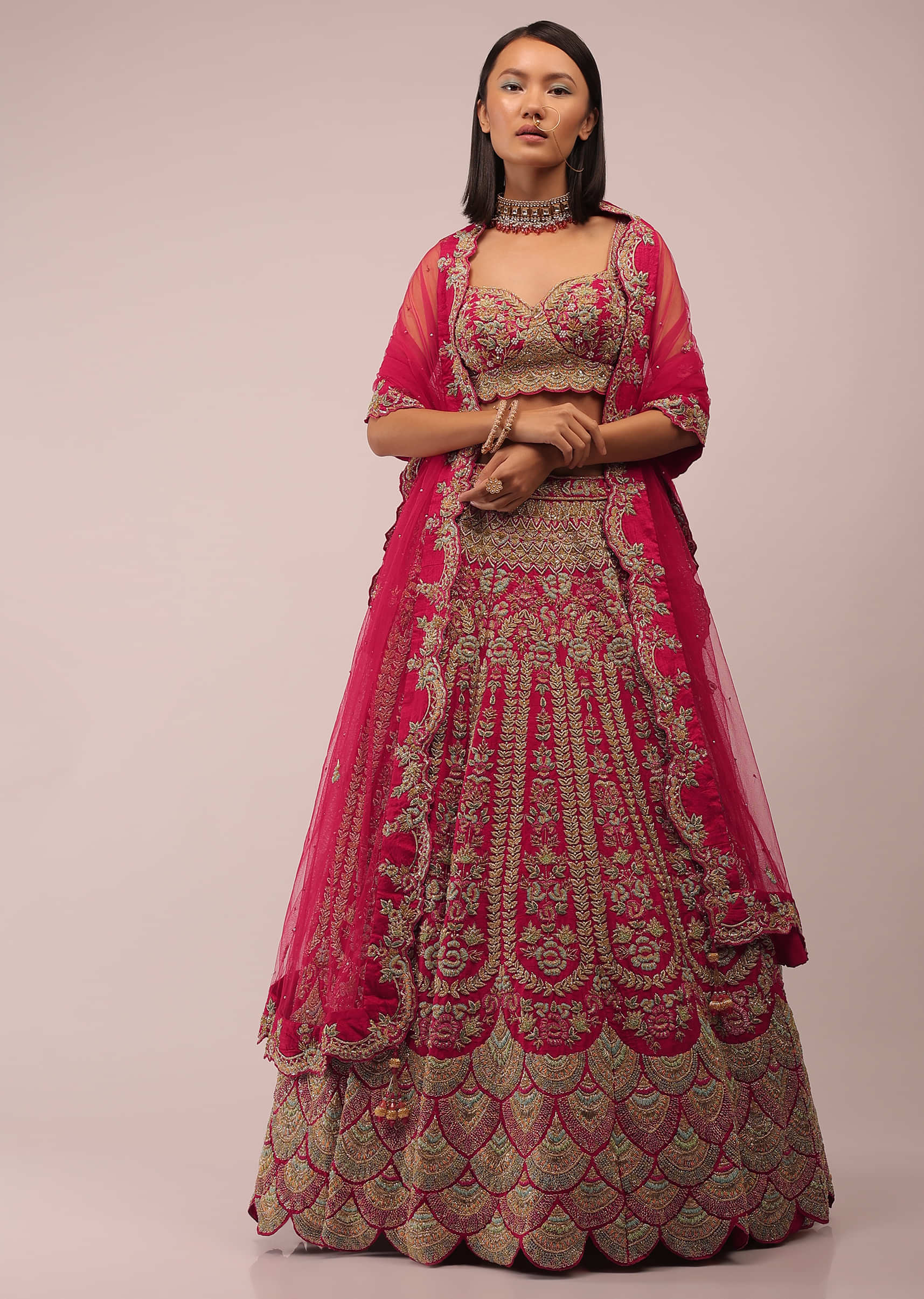 Rani Pink Lehenga In Mughal Inspired Architecture Embroidery In Kalidar Motifs,Crafted In Raw Silk With Multi Color Beads,And Zardozi In Scallops