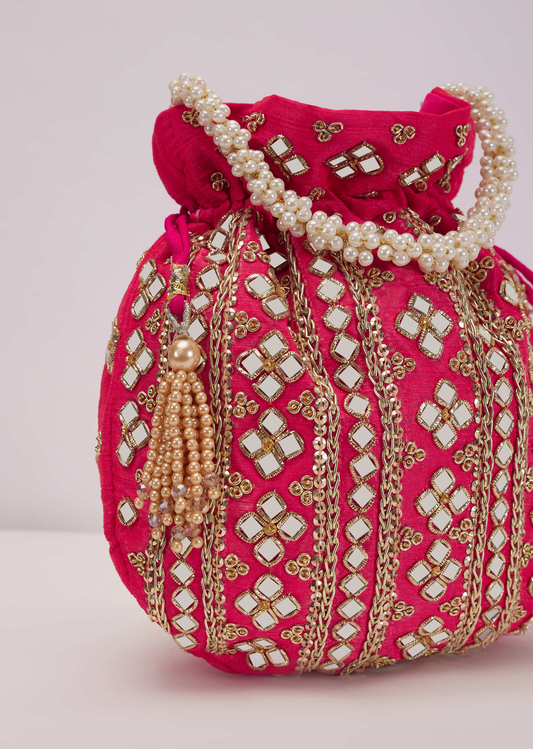 Rani Pink Mirror Work Silk Potli Pearl Handle