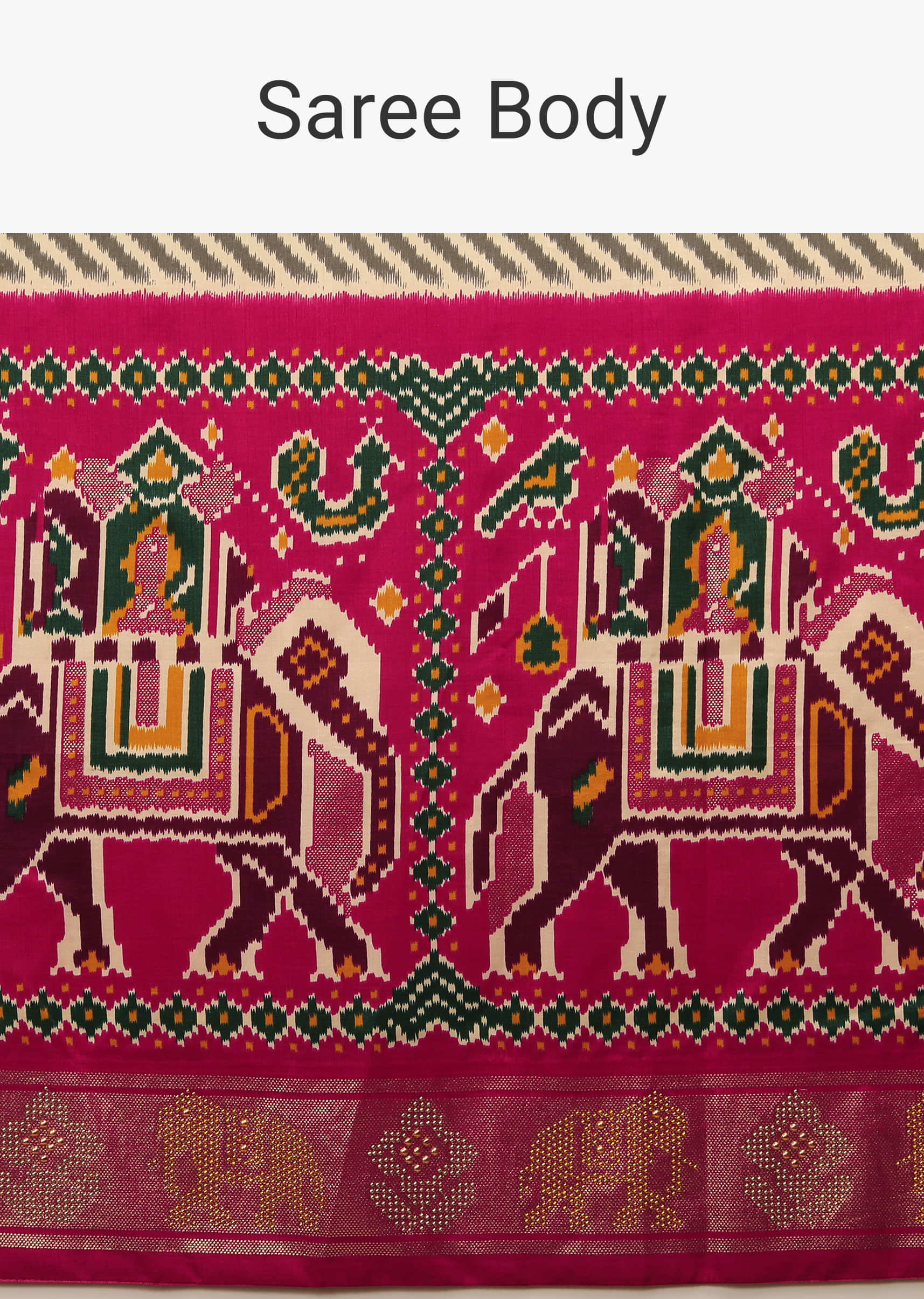 Rani Pink Patola Saree In Soft Silk With Brown And White Stripes And Stick On Kundan Work  