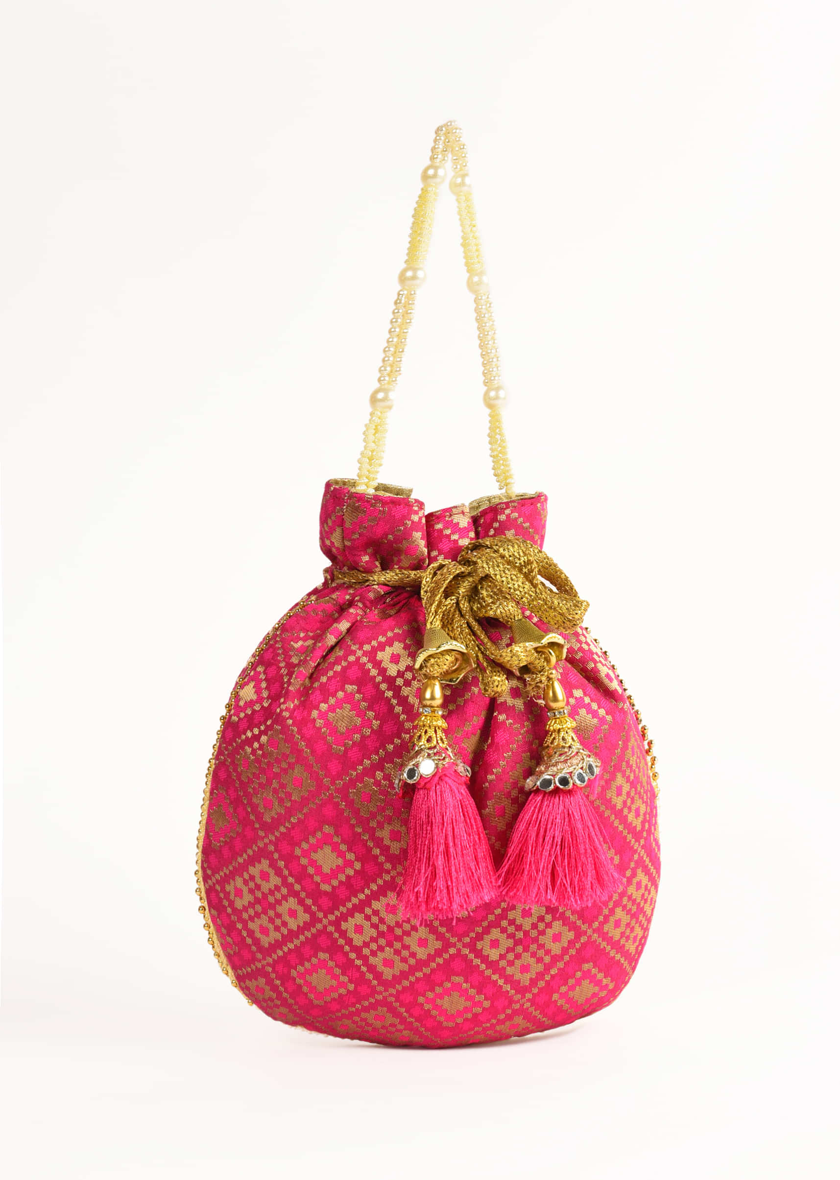 Rani Pink Potli Bag In Brocade Silk With Geometric Jaal Design Online - Kalki Fashion