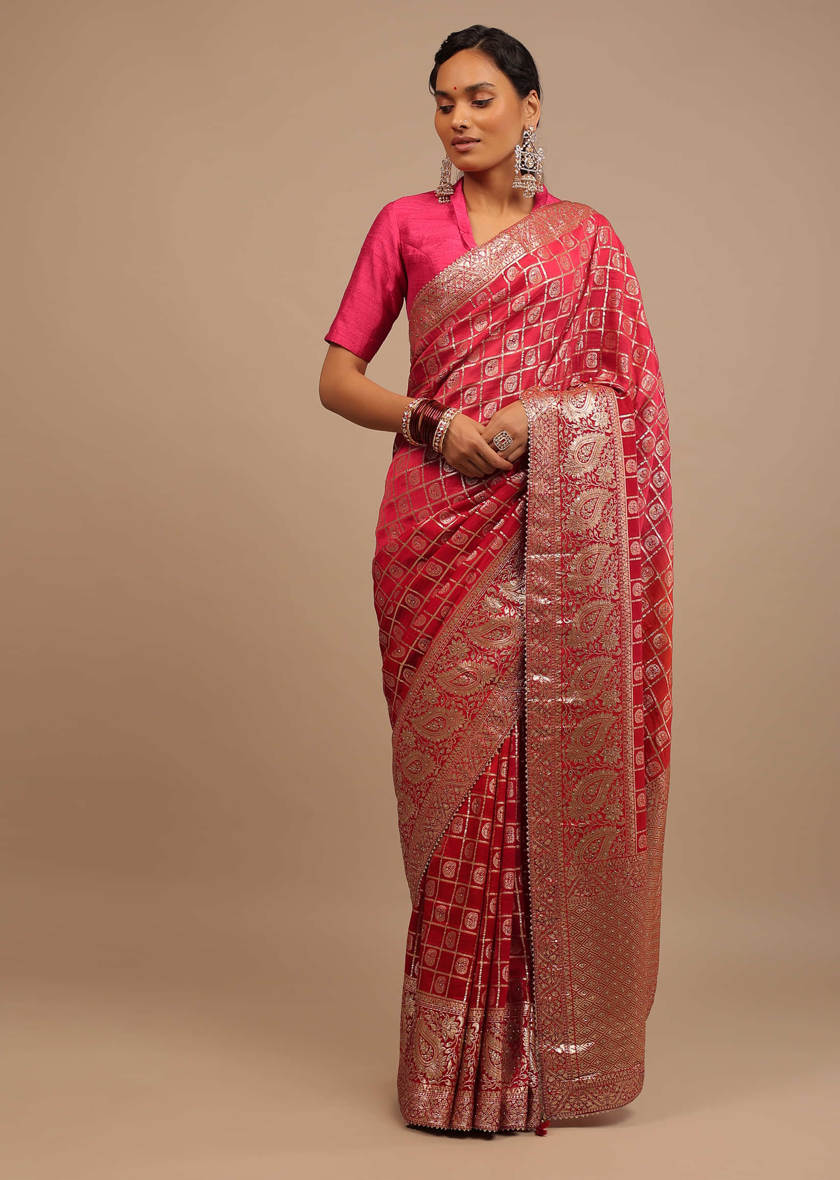 Rani Pink, Red And Orange Ombre Saree In Silk With Lurex Woven Checks And Paisley Motifs