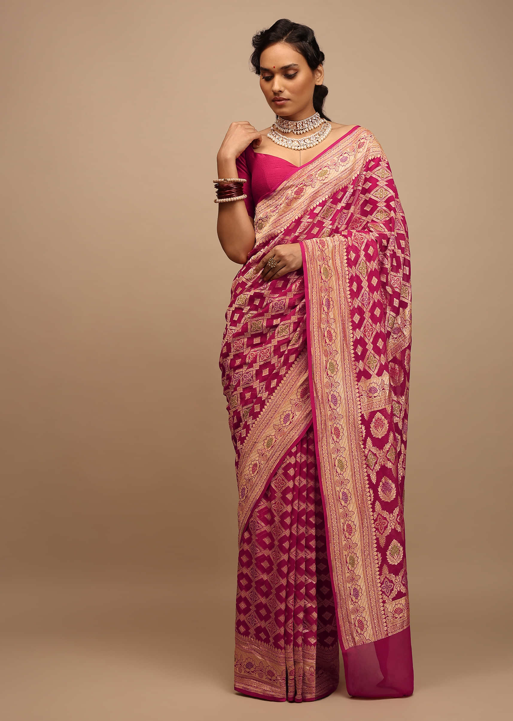 Rani Pink Saree In Georgette With Woven Geometric Jaal  And Floral Border