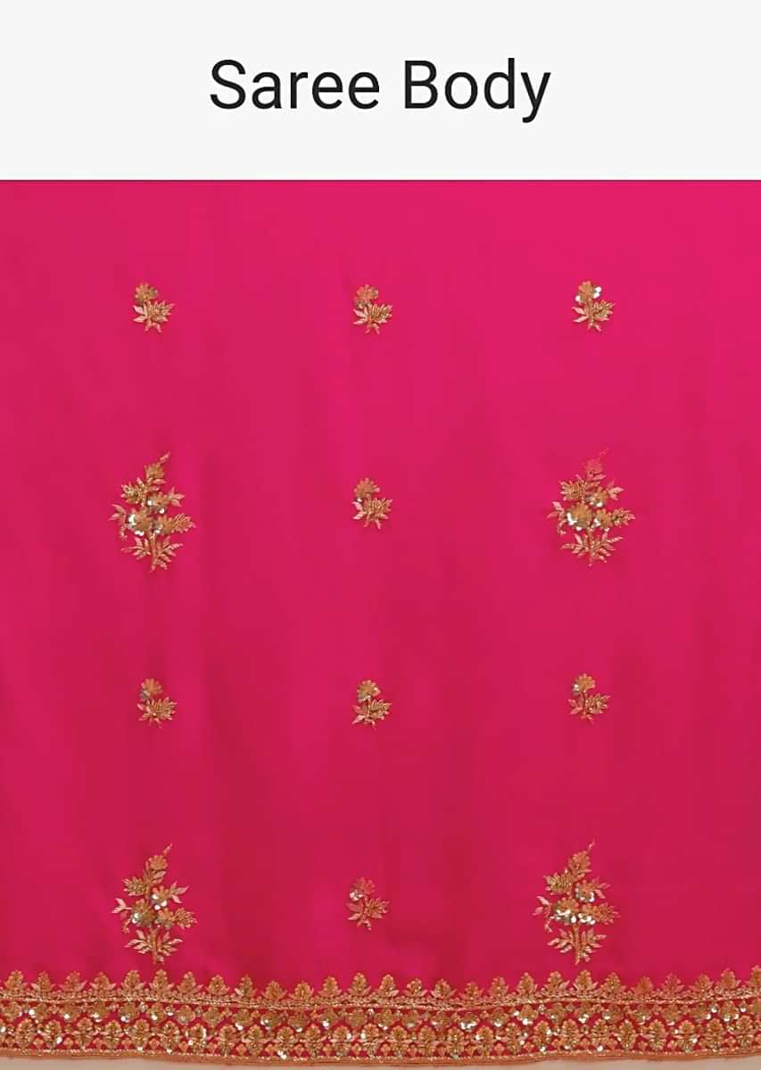 Rani Pink Saree In Satin With Hand Embroidered Floral Buttis Using Cut Dana And Sequins Work Along With Unstitched Blouse  