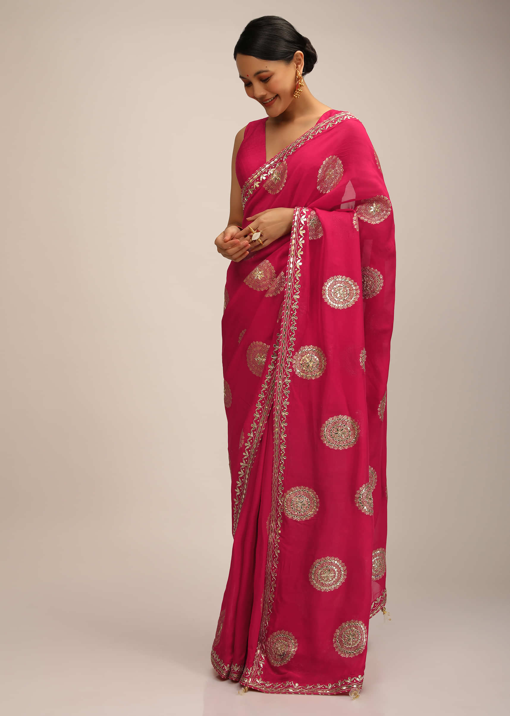 Rani Pink Saree In Organza With Woven Round Buttis And Gotta Embroidery