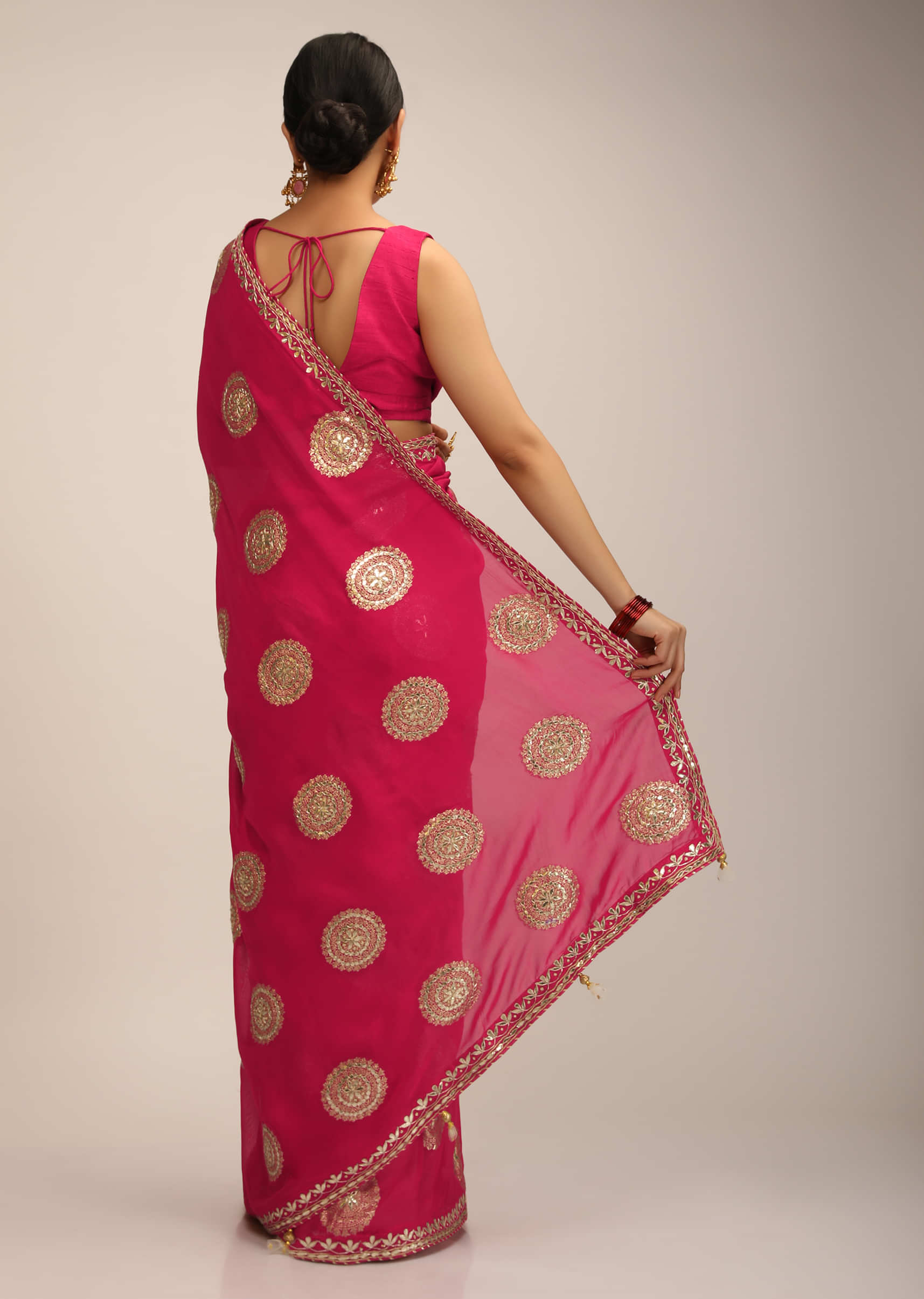 Rani Pink Saree In Organza With Woven Round Buttis And Gotta Embroidery