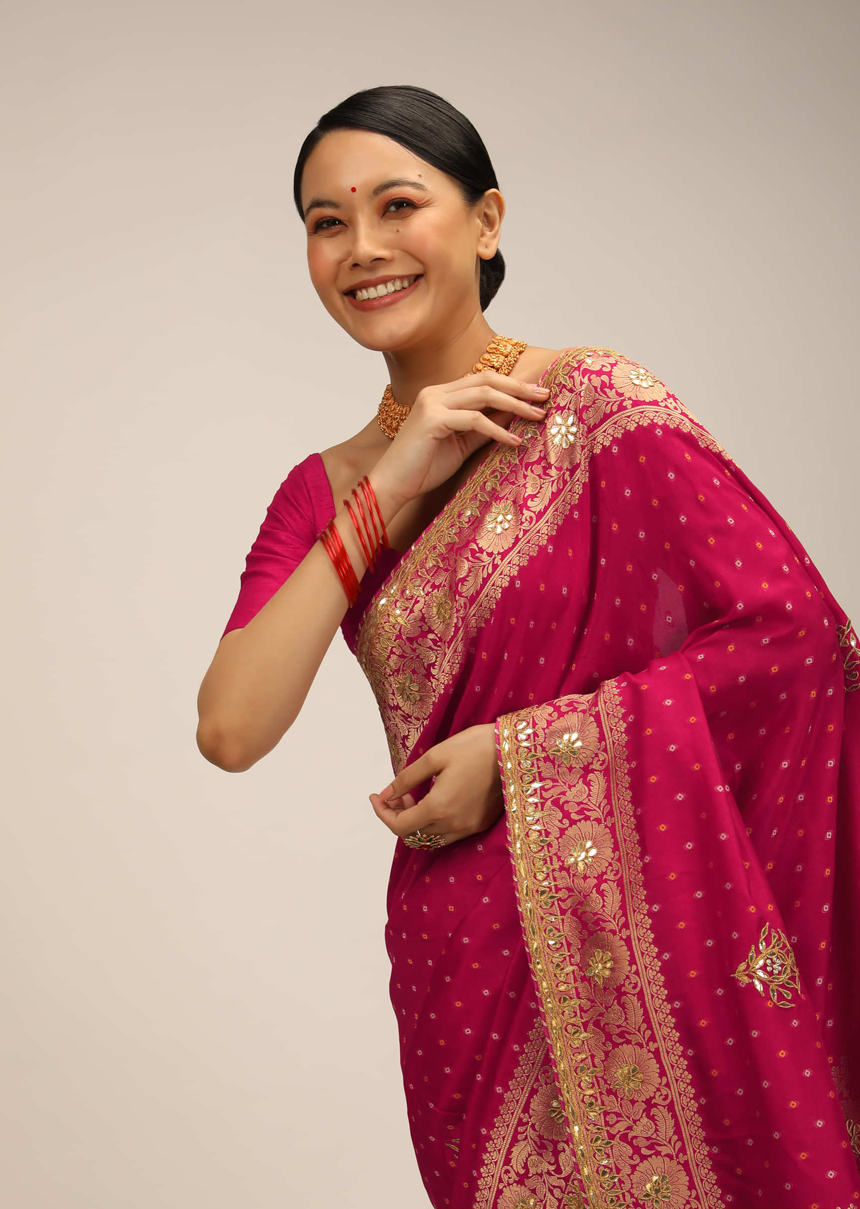 Rani Pink Saree In Silk With Brocade Geometric And Floral Design On The Pallu And Gotta Embroidery